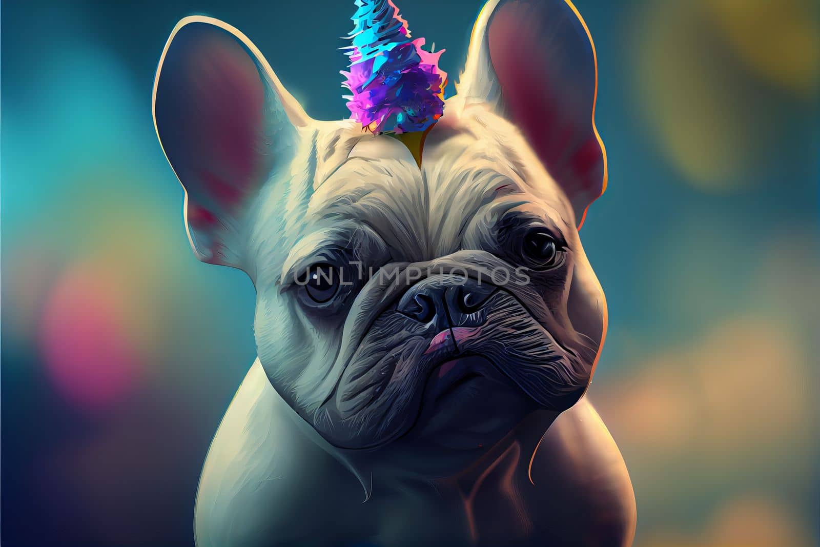 Cute portrait of brown puppy french bulldog in unicorn horn by Zakharova