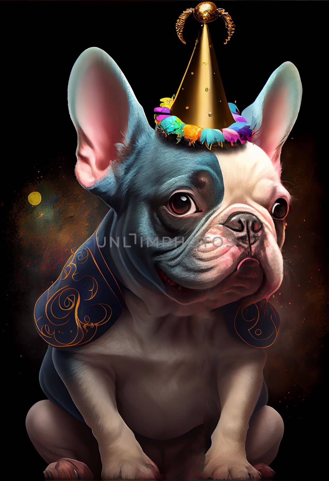 A French bulldog dog in a funny unicorn costume with a golden cone by Zakharova