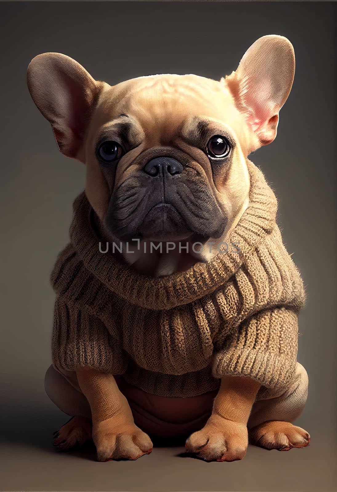 Portrait of a brown puppy French bulldog, dressed in a brown knitted sweater, sits on brown background. Ai generative