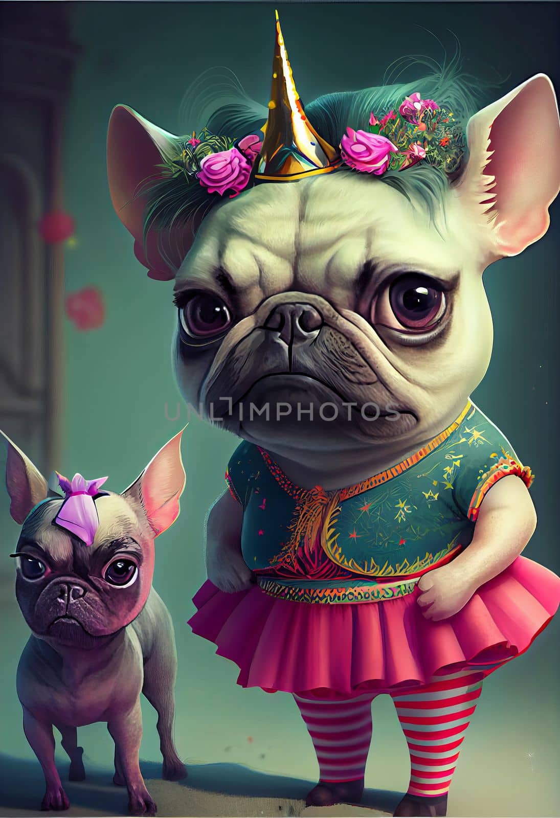Funny French bulldog dog, standing in a skirt and with a golden unicorn horn on his head. by Zakharova