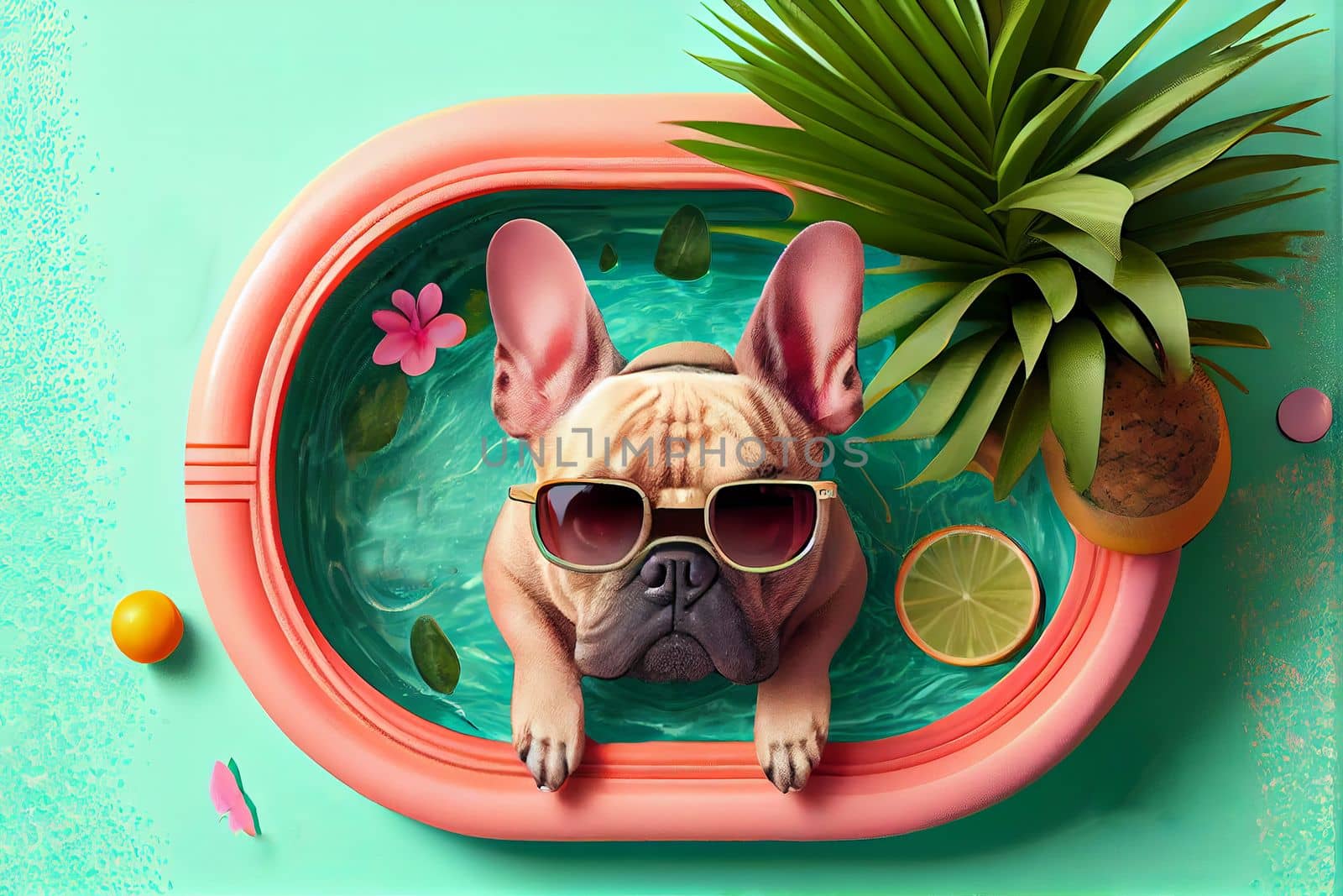 Cute French bulldog, wearing sunglasses, sitting in a oval pool with tropical fruits and flowers, looking at the camera, top view. AI generative. Close up. Copy space