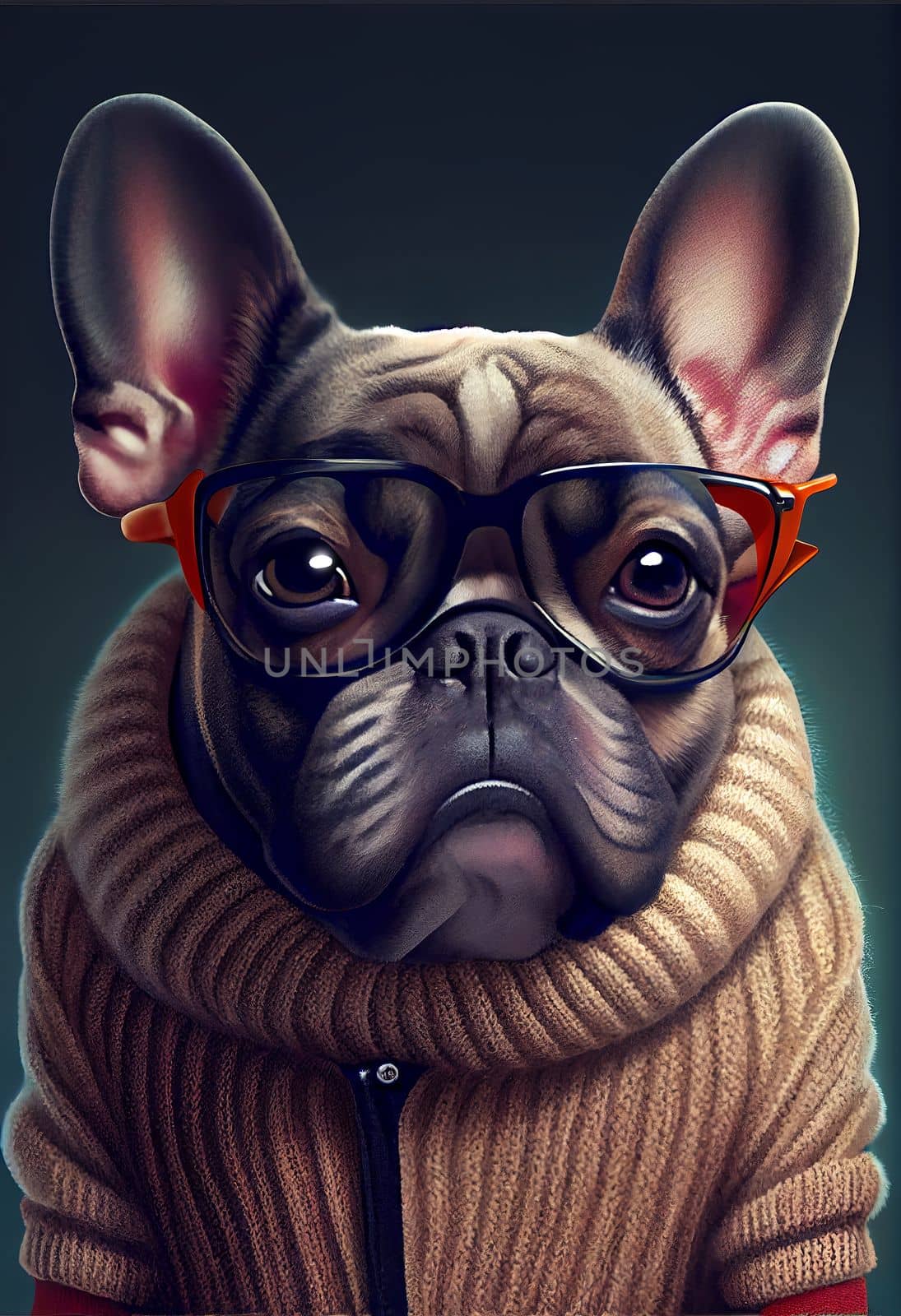 Cute French bulldog in glasses, dressed in a brown knitted sweater by Zakharova
