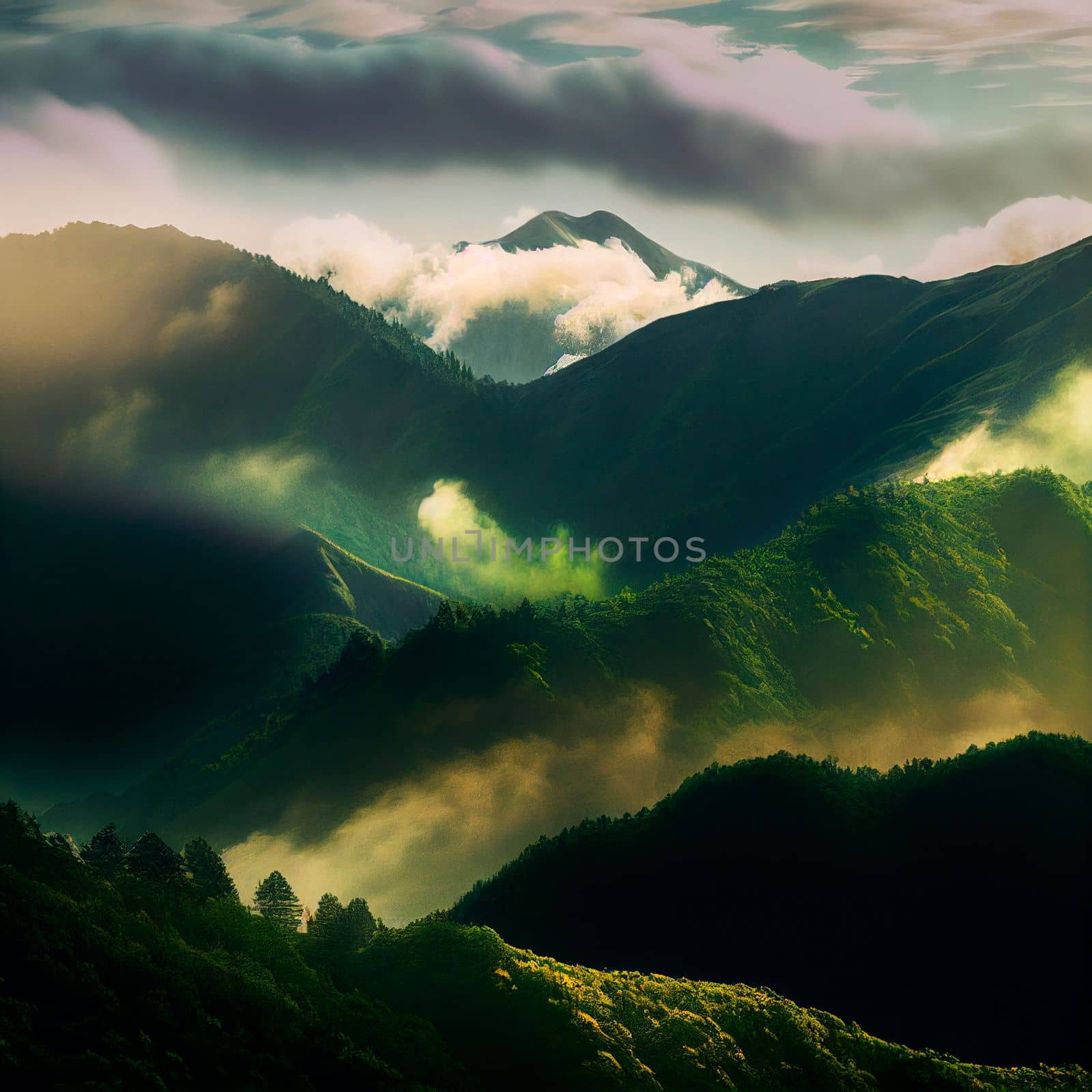 Green mountain range. Landscape of misty mountains. High quality illustration