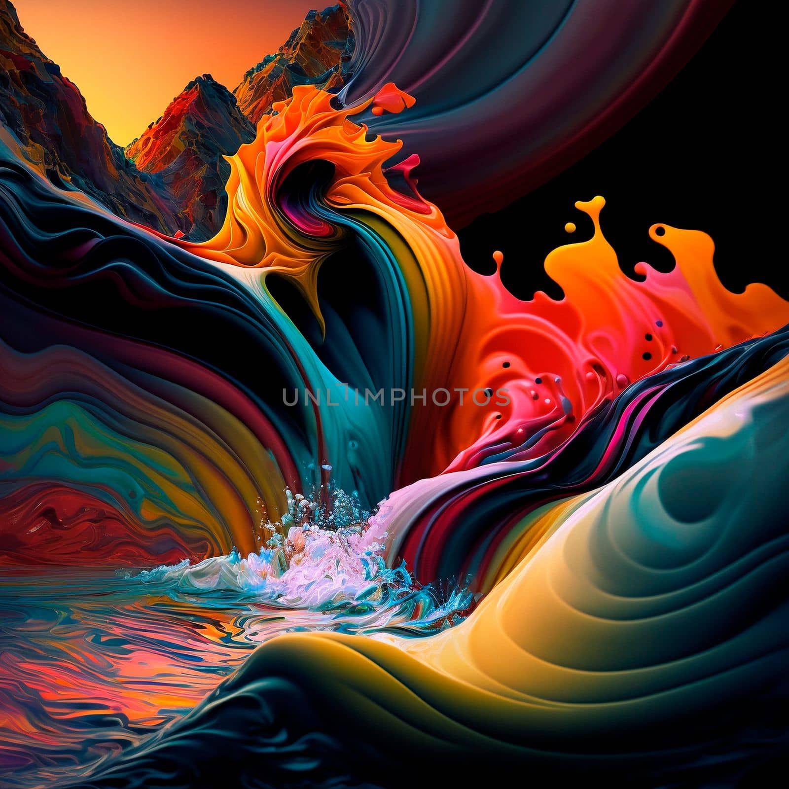 A rainbow stream splashes in the mountains. High quality illustration