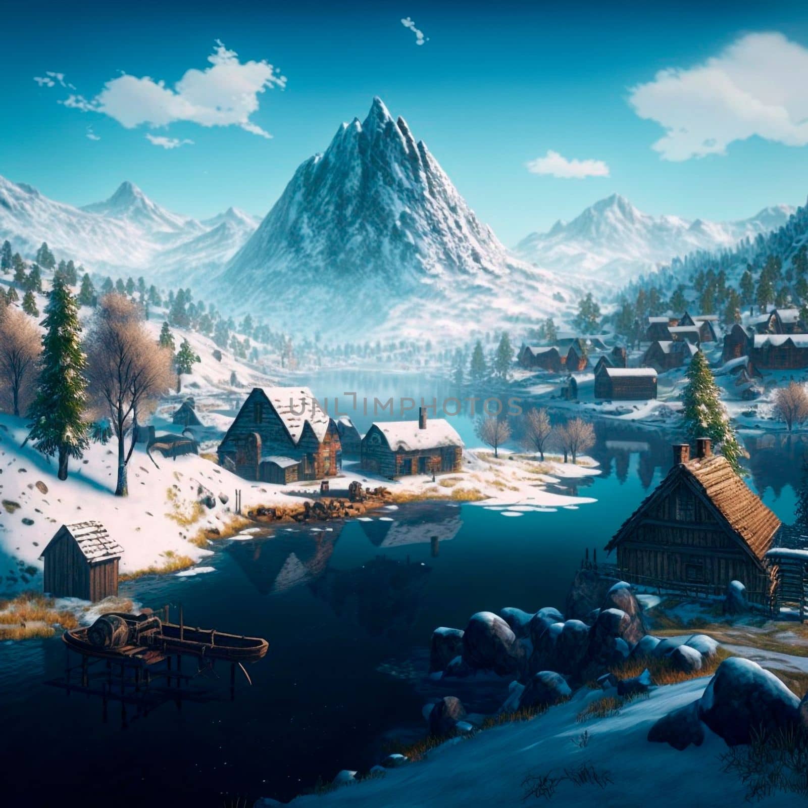 Small village with a river in the snowy mountains by NeuroSky