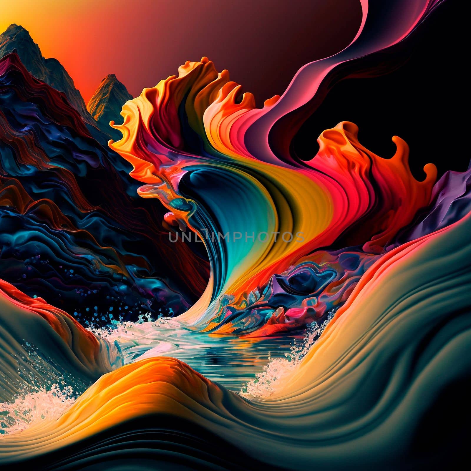A rainbow stream splashes in the mountains. High quality illustration