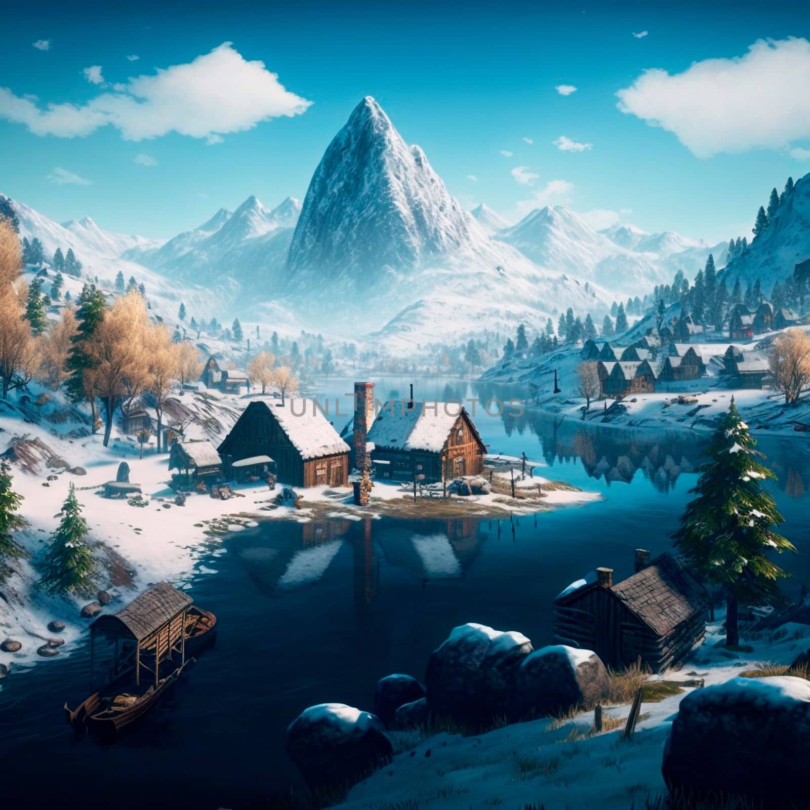 Small village with a river in the snowy mountains. High quality illustration