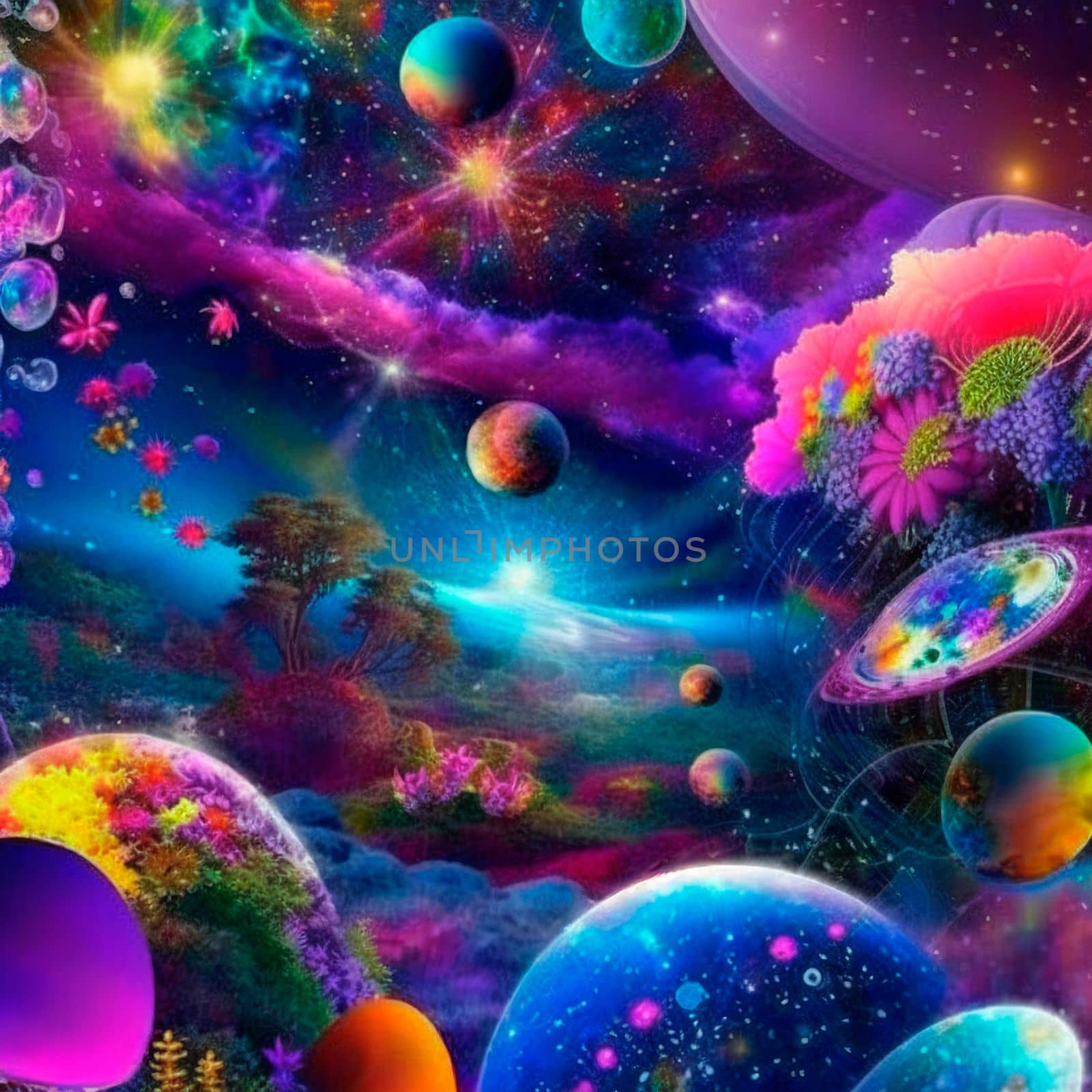 space background with different elements of rainbow colors. High quality illustration