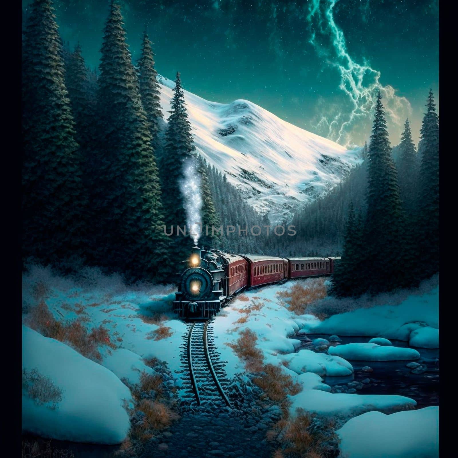 Winter train rides in snowy mountains. A beautiful winter fairy tale by NeuroSky