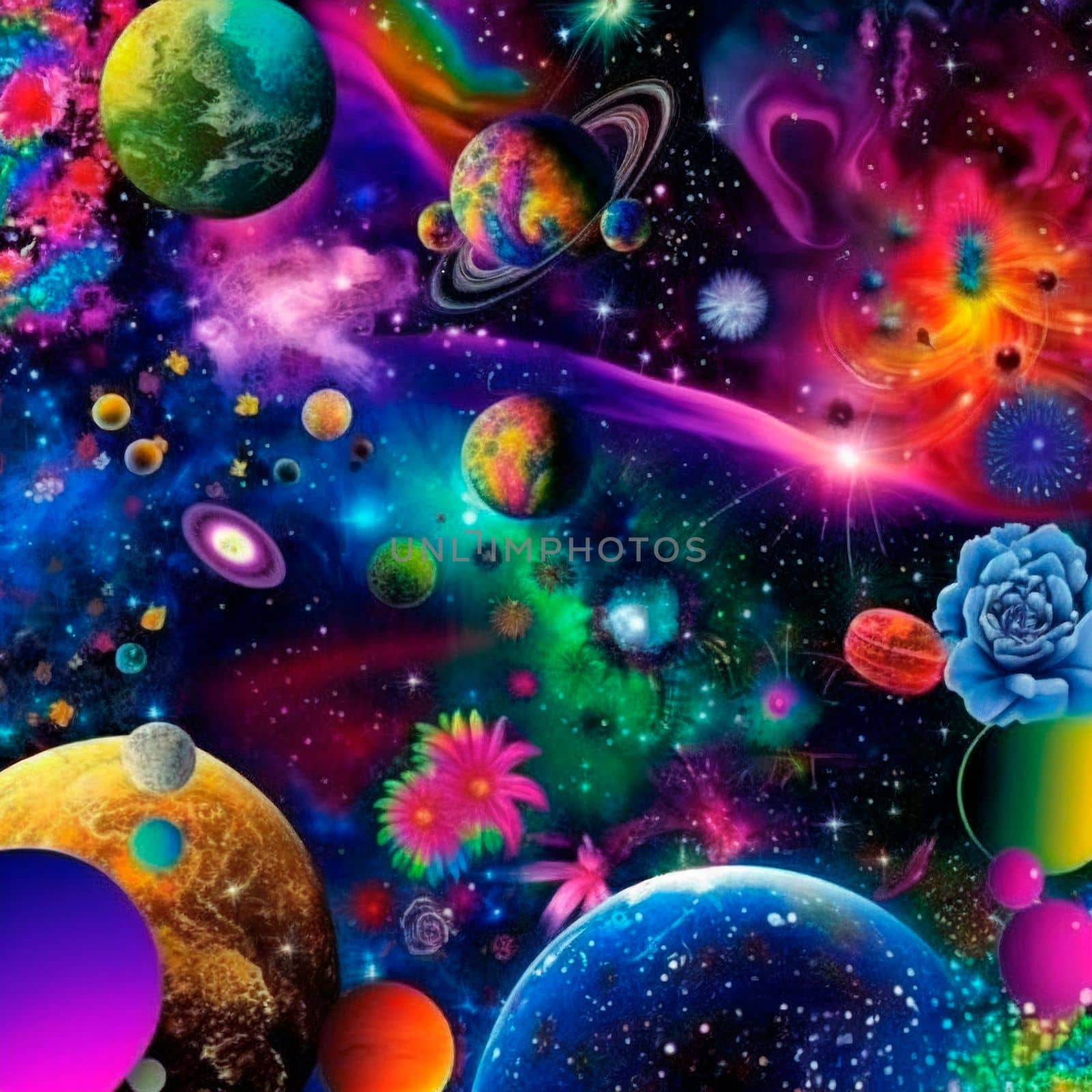 space background with different elements of rainbow colors. High quality illustration
