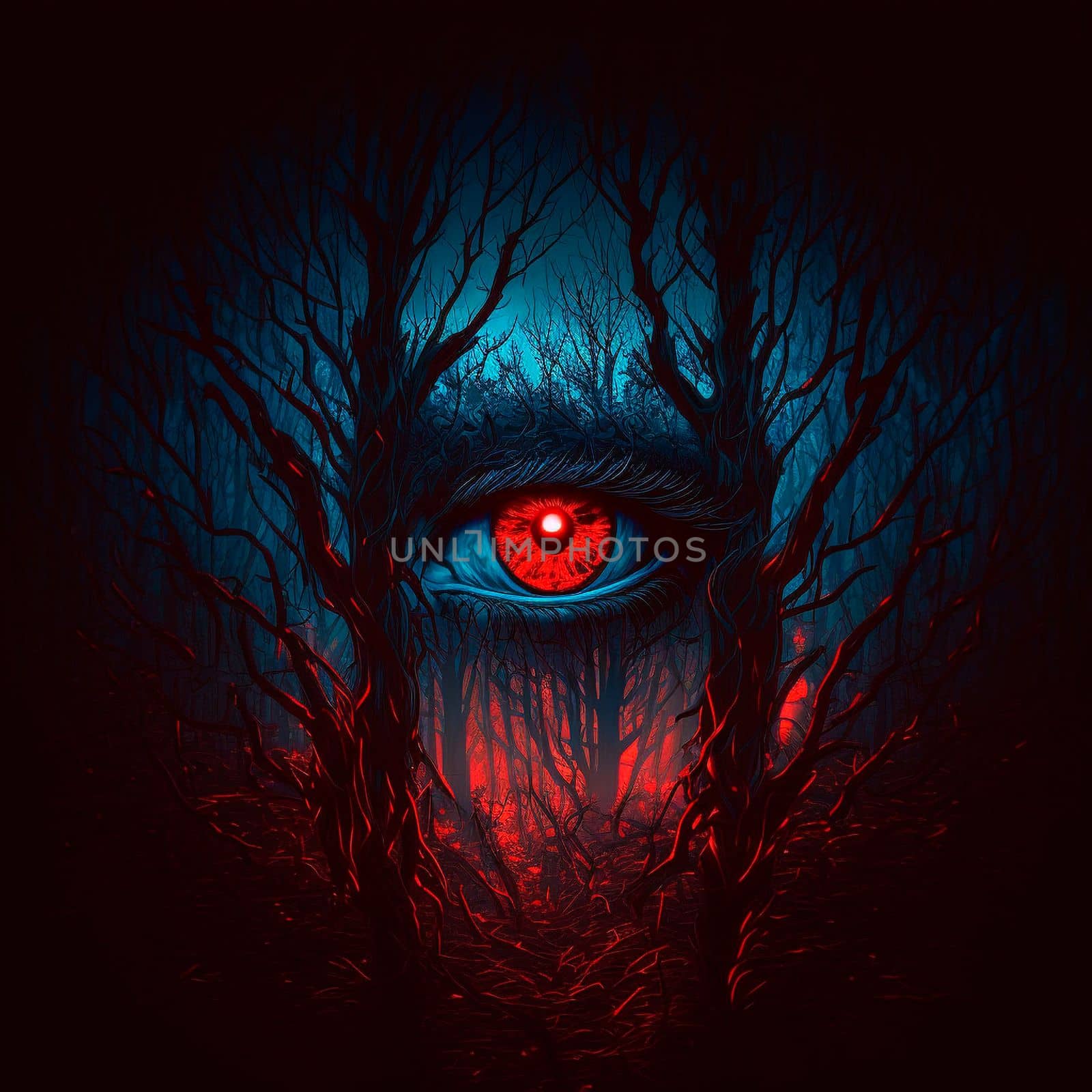 Big red eyes against the background of a gloomy mystical fores by NeuroSky