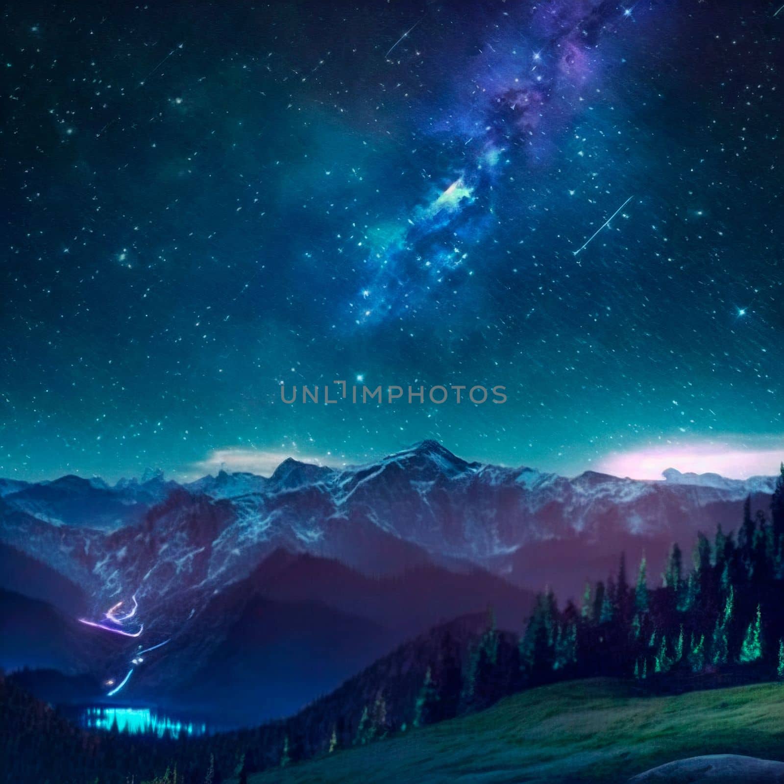 Mountains under the starry sky. High quality illustration