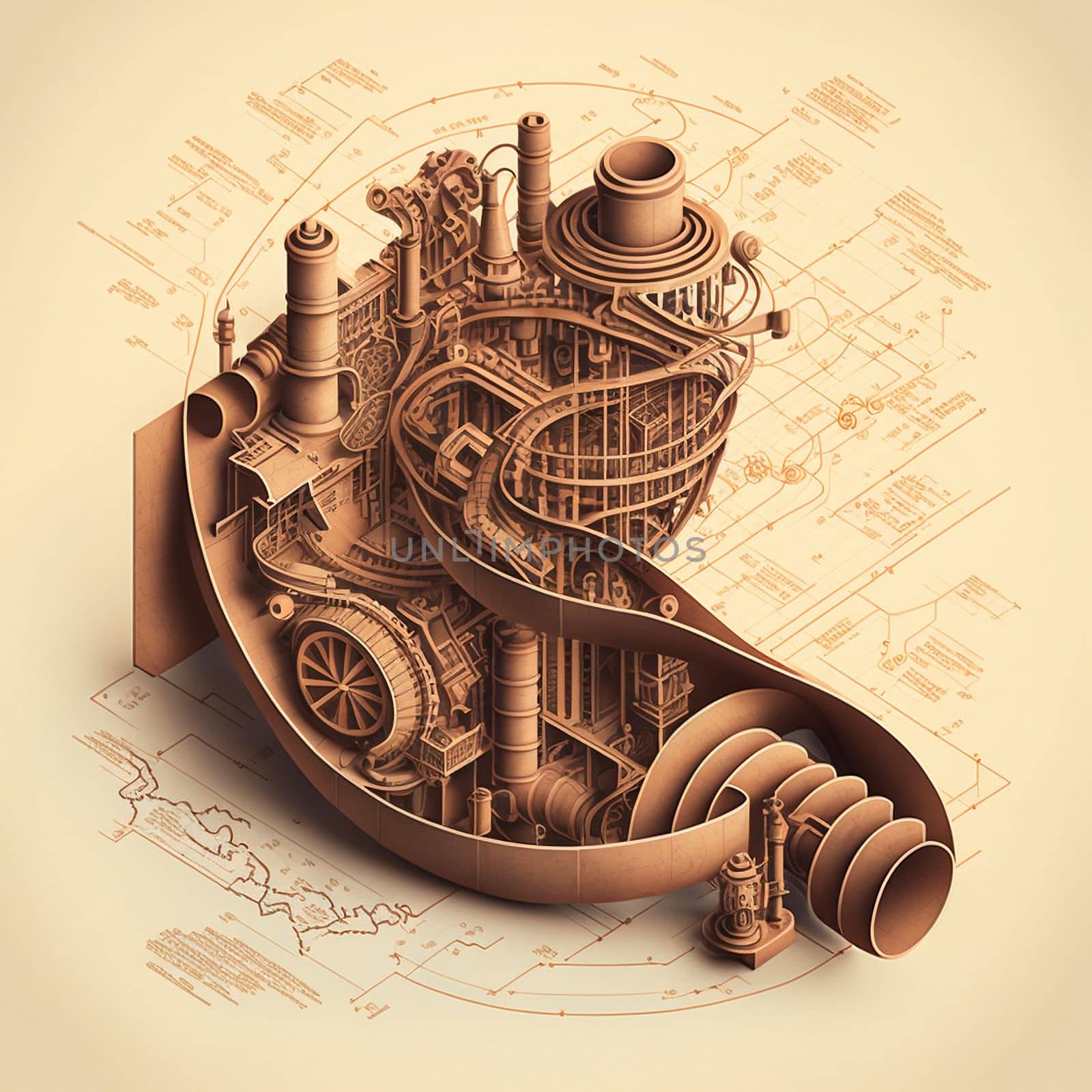 3d drawings of an unusual steampunk city, a city diagram by NeuroSky