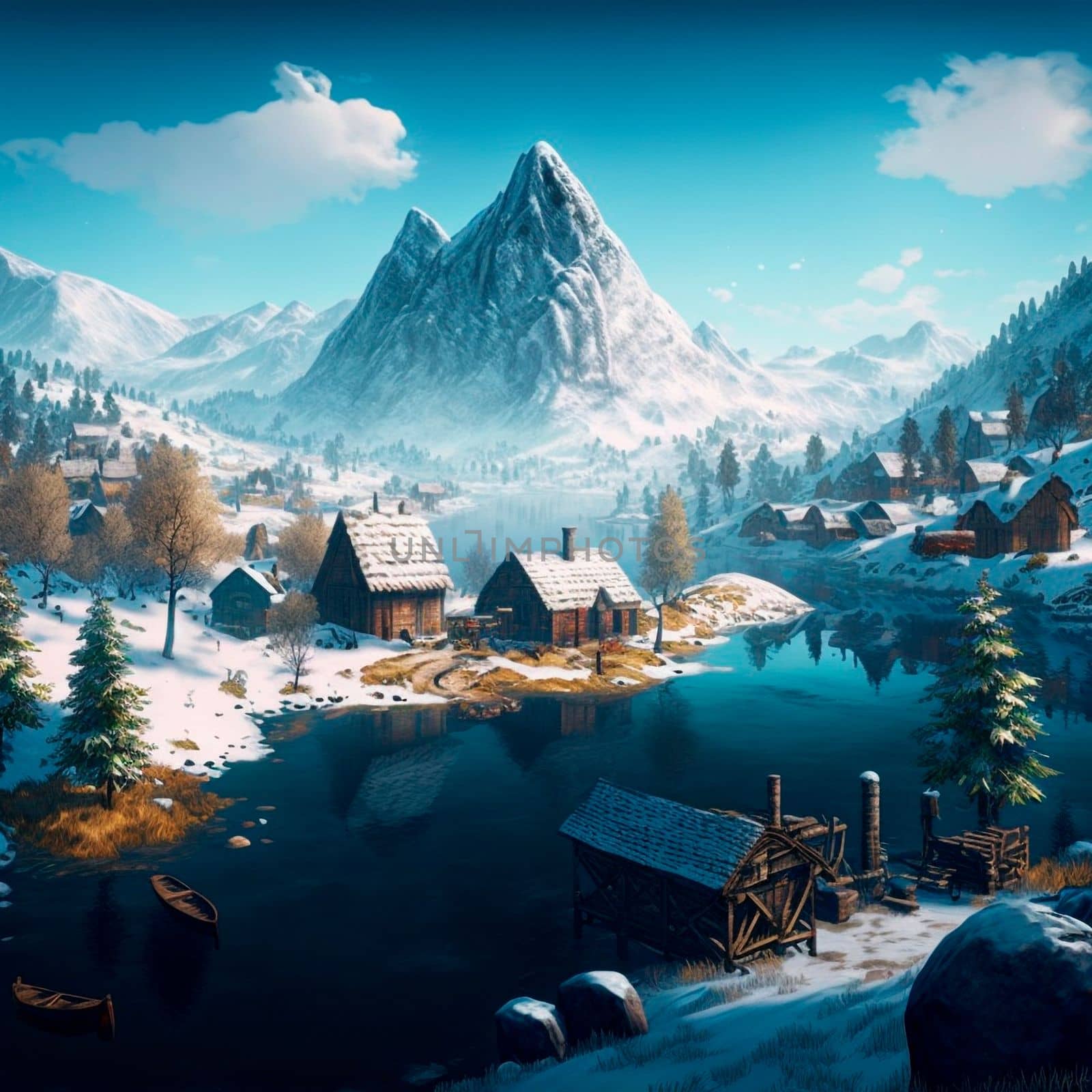 Small village with a river in the snowy mountains. High quality illustration