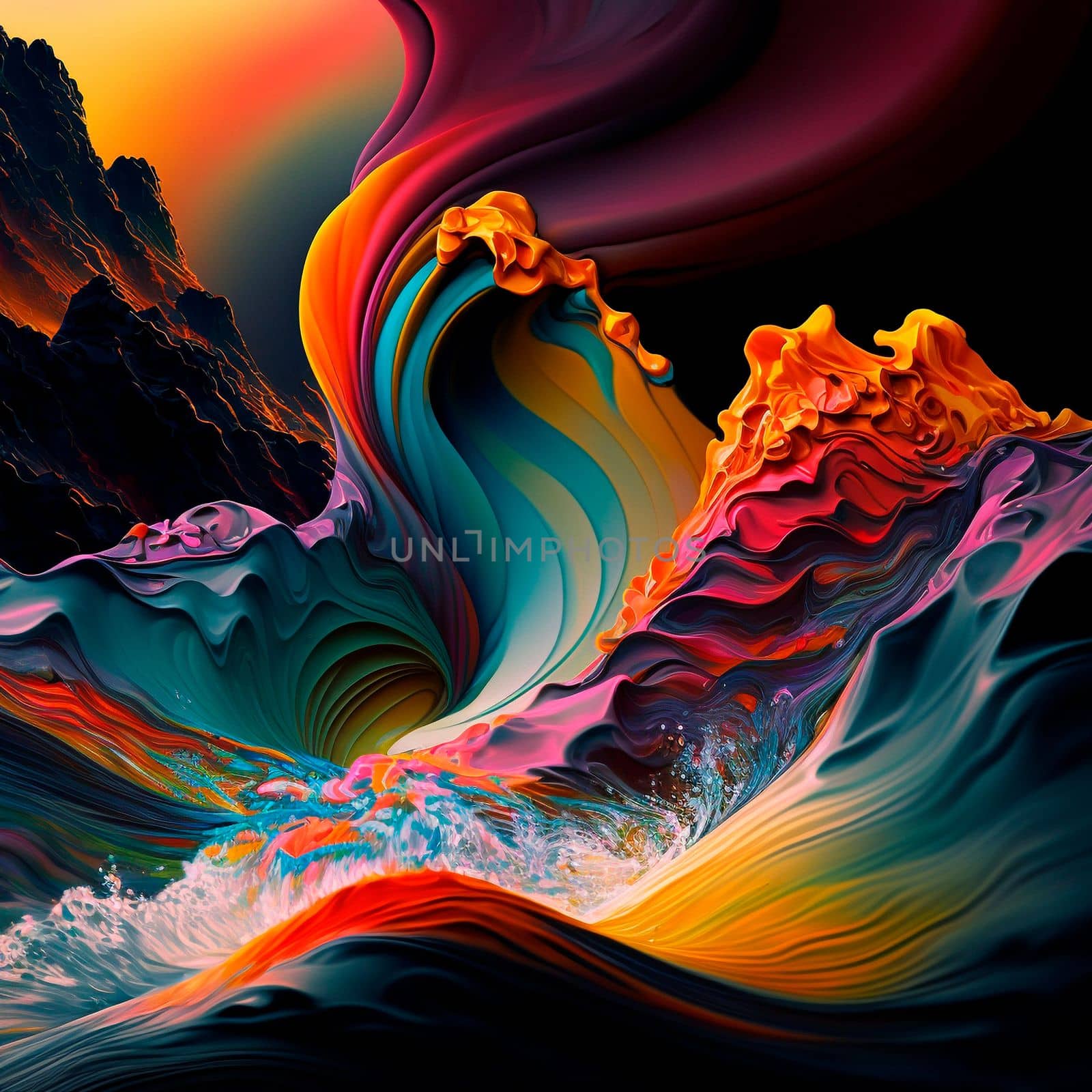 A rainbow stream splashes in the mountains. High quality illustration