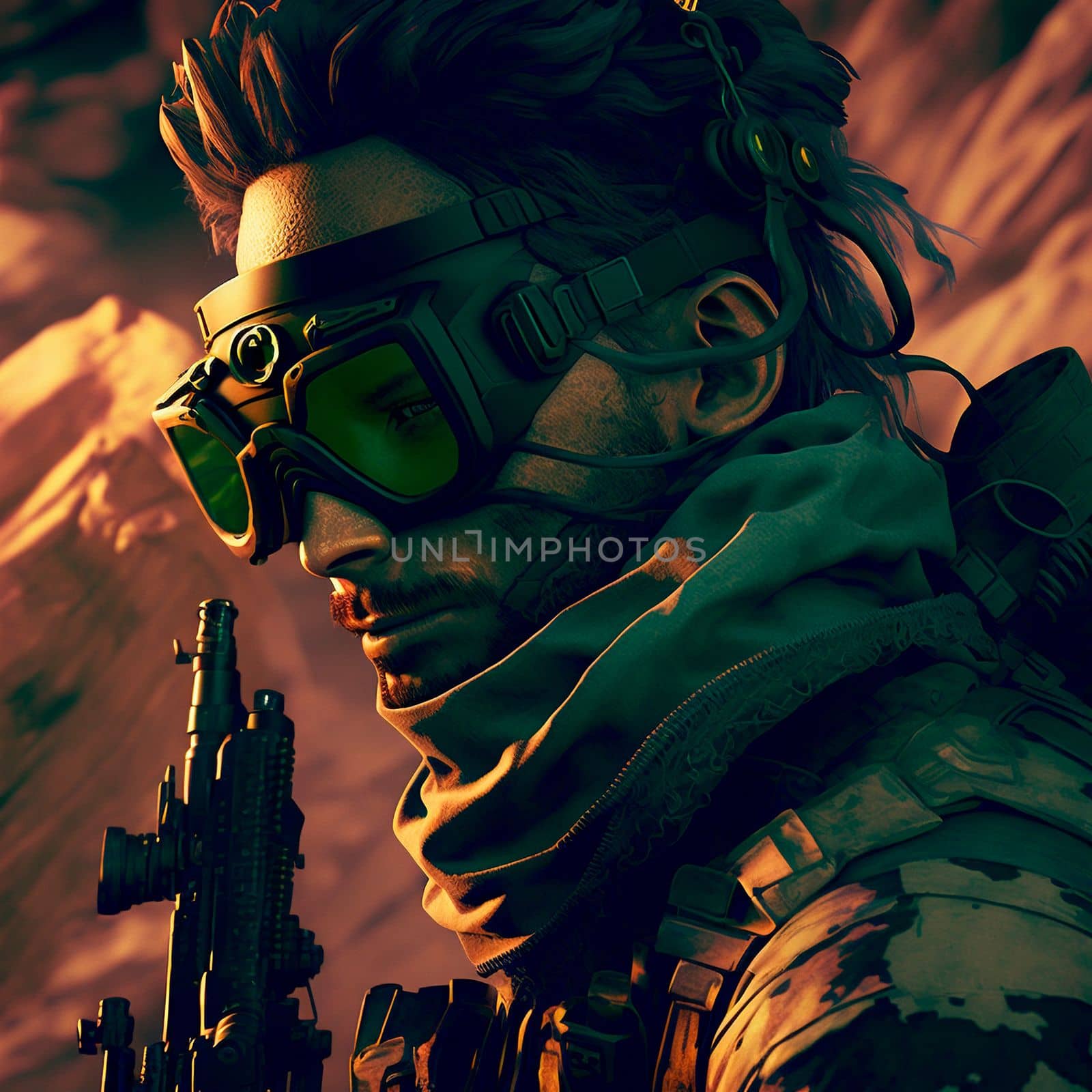soldier in a helmet and combat goggles during an operation in the desert. High quality illustration