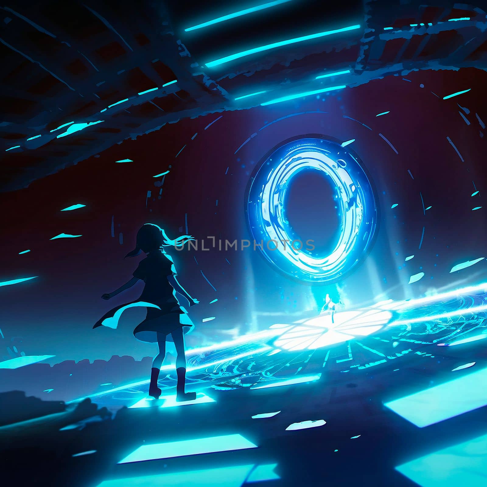 A girl in front of a mysterious anime-style porta. High quality photo