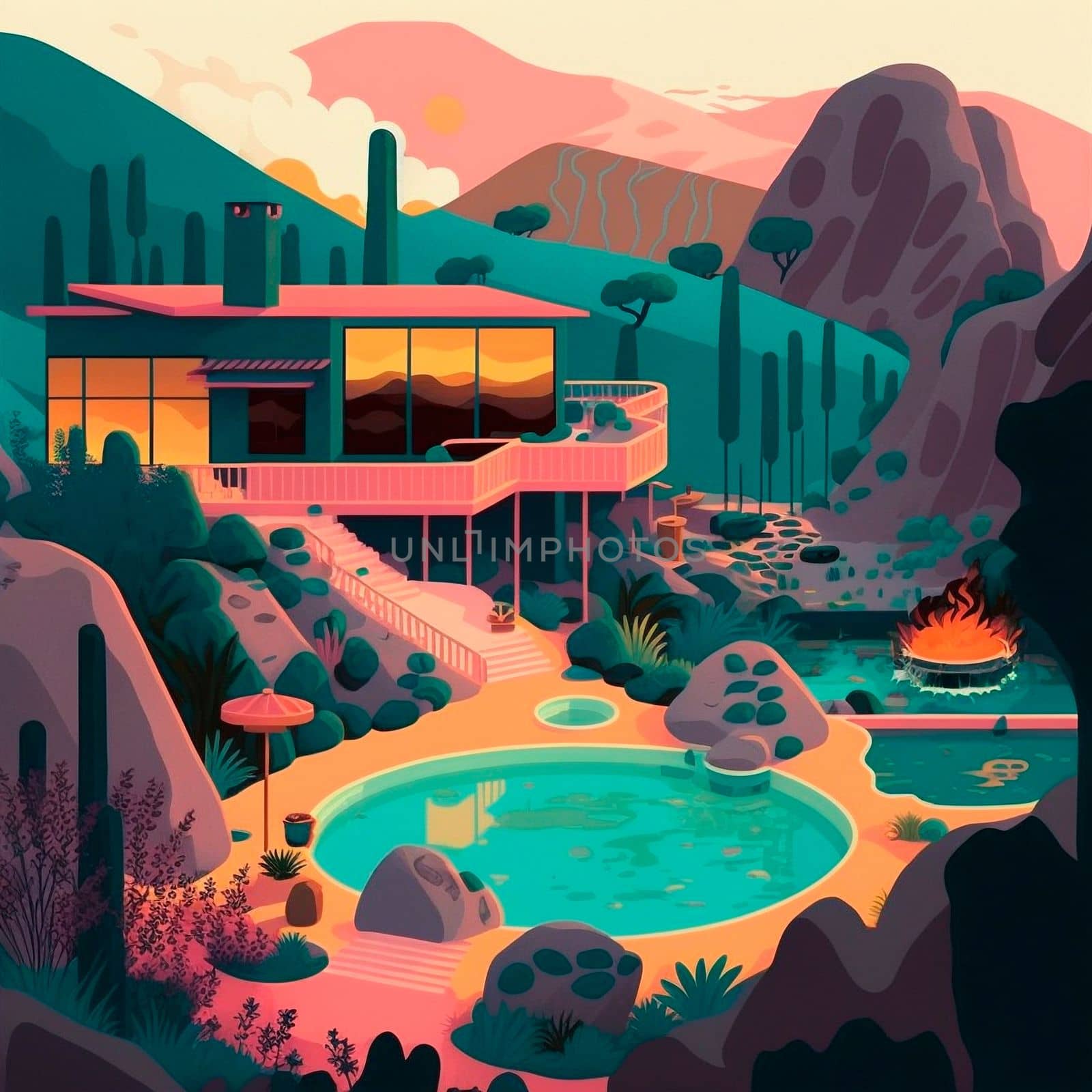 illustration of hot springs in mountain. High quality illustration