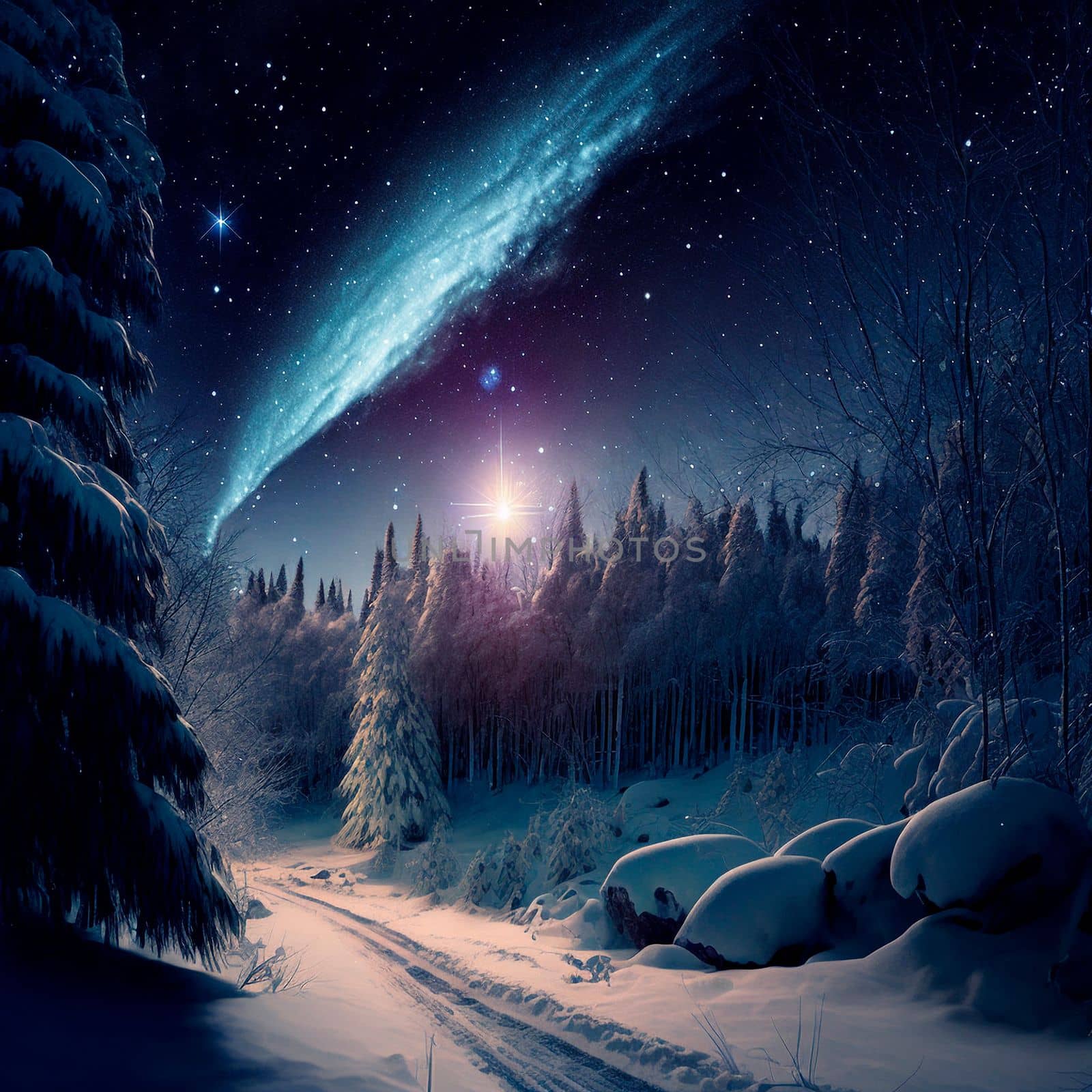 Bright starry sky in the winter forest . High quality illustration