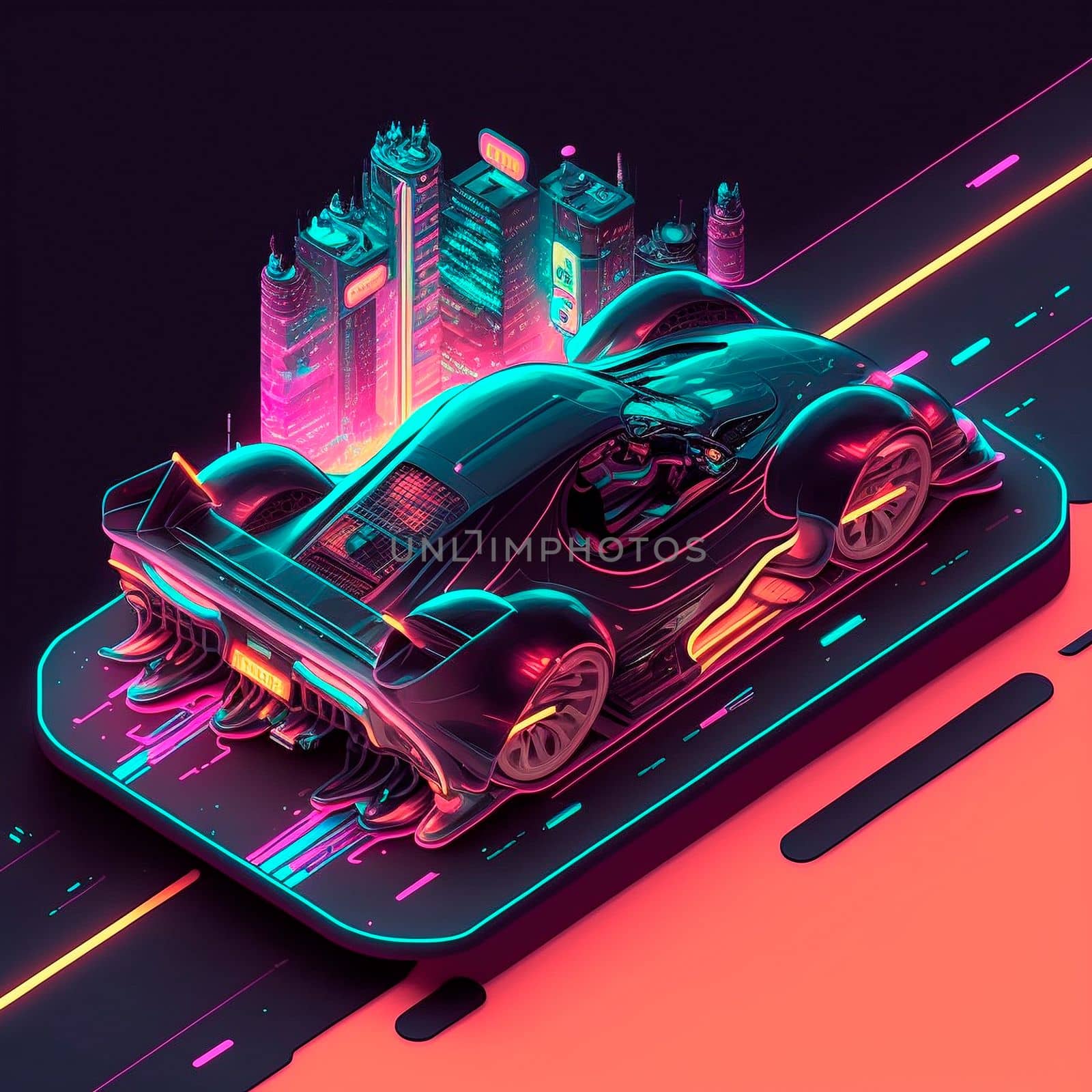 Neon racing car of the future rushes along the roads of the night city. Backlight, neon, isometry. High quality illustration