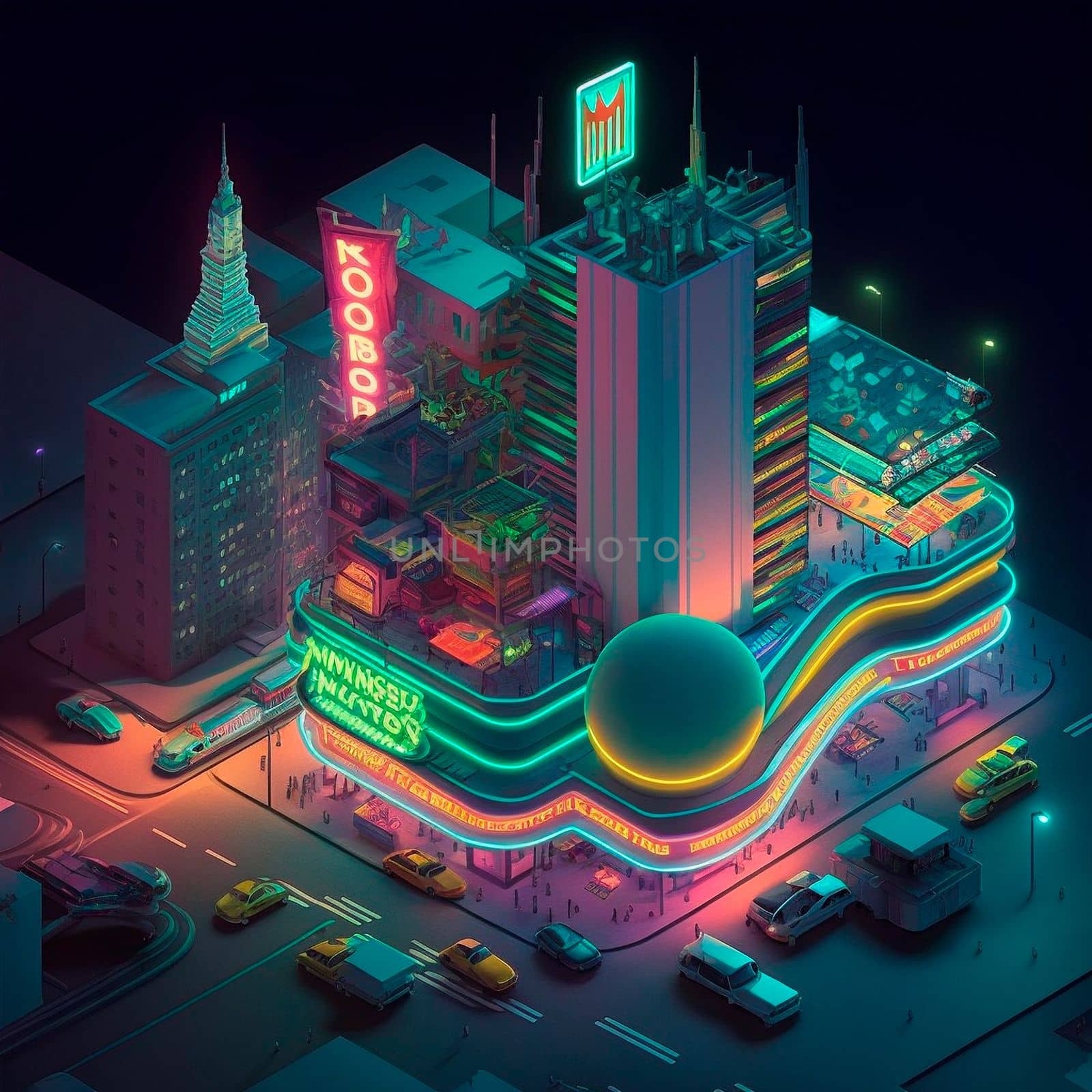 Life in the neon city at night. Bright lights, cars, cafes. Backlight, neon, isometry. High quality illustration