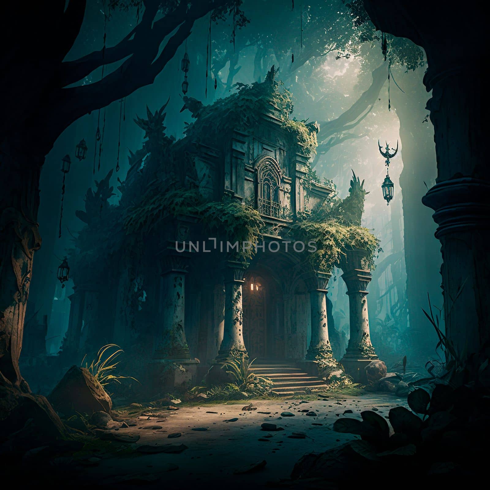 mysterious ruins in the forest. High quality illustration