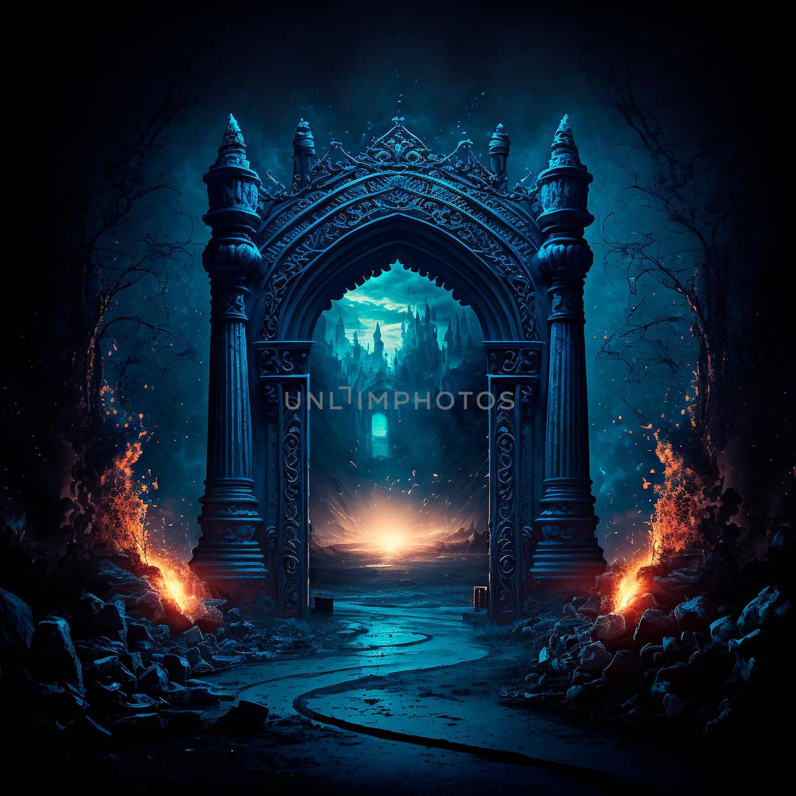 Scary Gothic gates in the style of fantasy. High quality illustration
