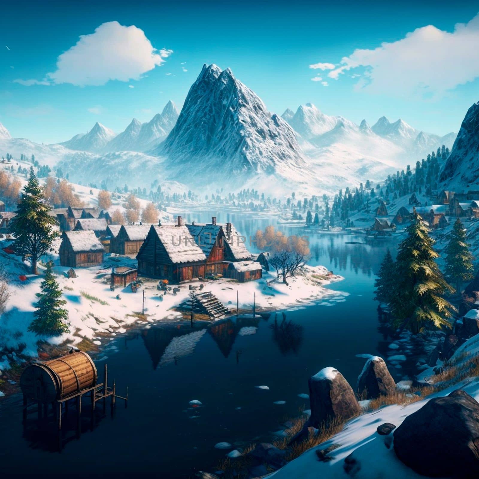 Small village with a river in the snowy mountains. High quality illustration