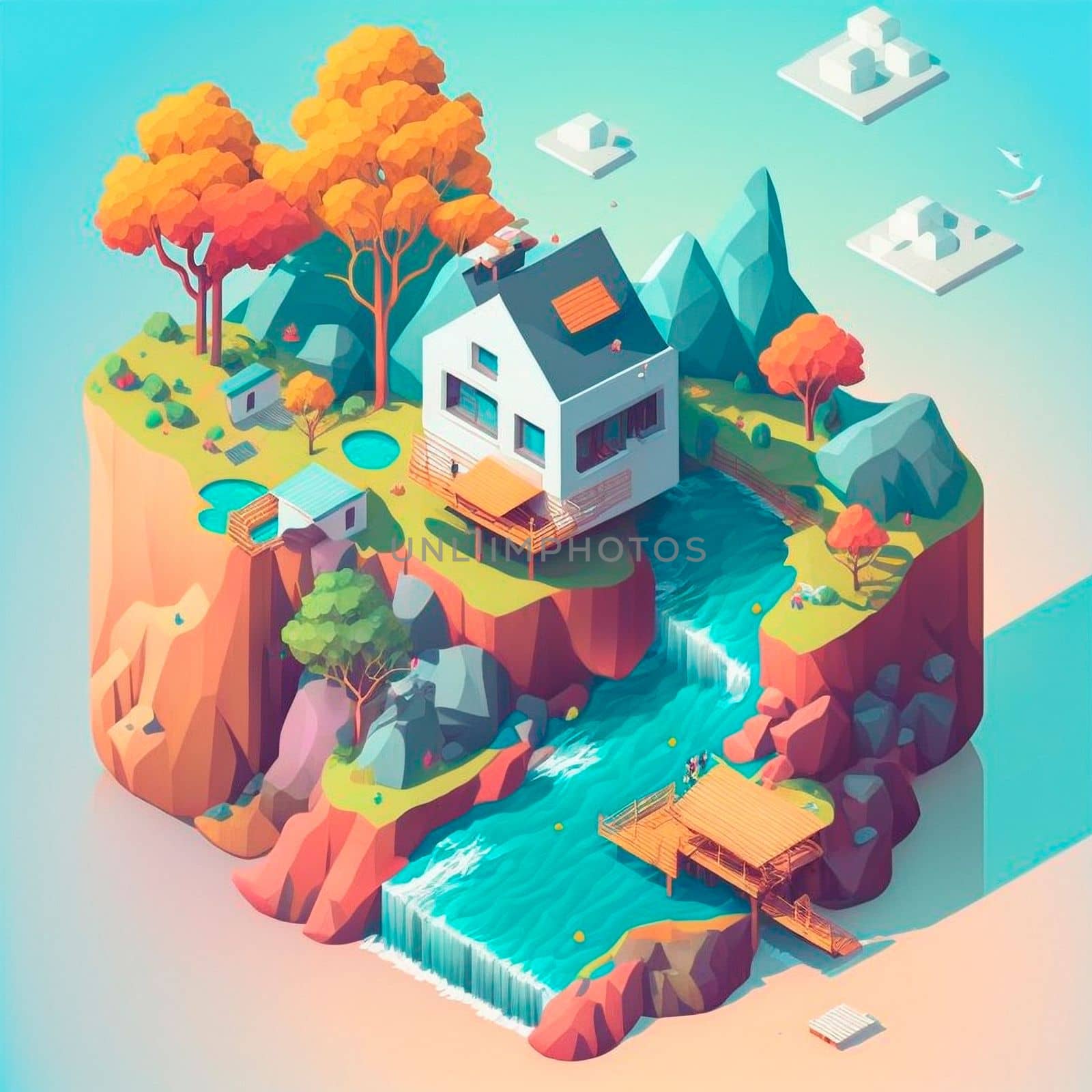 isometric image of the nature of a reservoir and houses in the mountains. High quality illustration