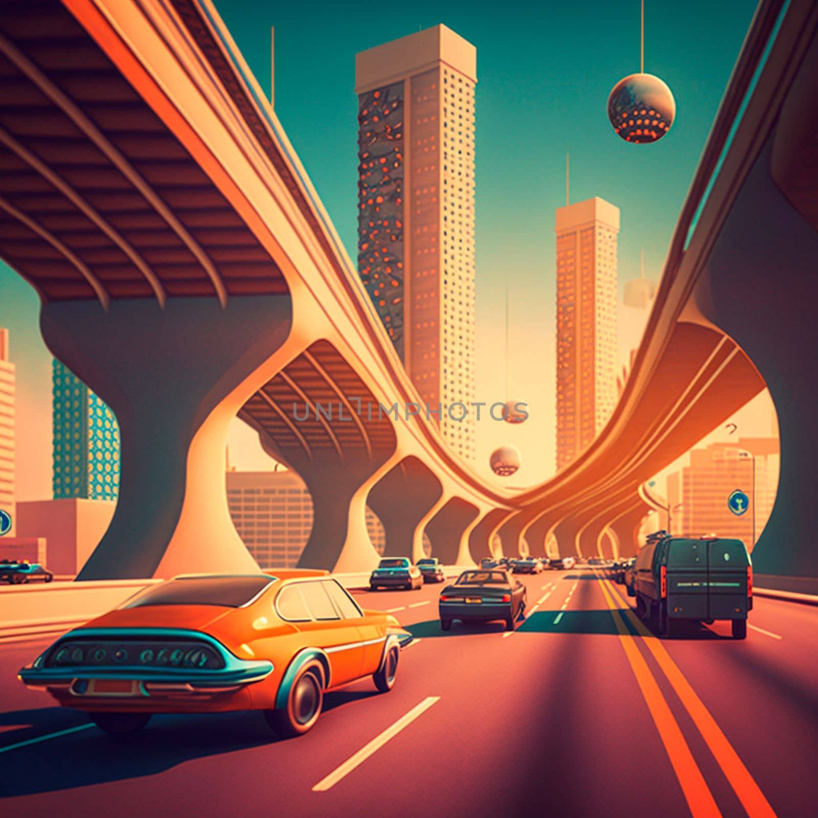 Futuristic city in retro style. Cars are driving on the highway. High quality illustration