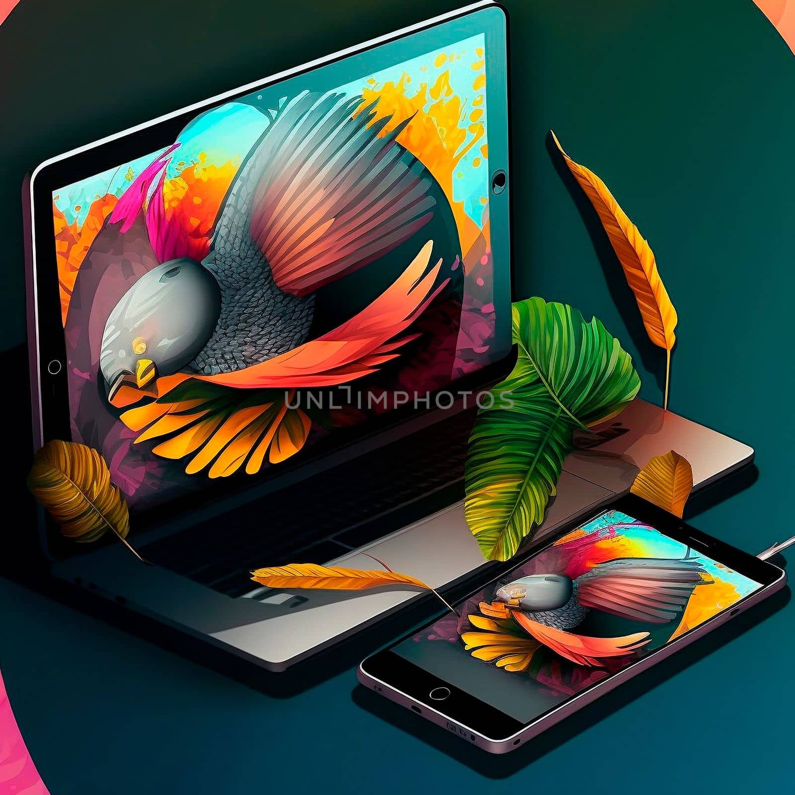 nature breaks out of the phone, tablet, laptop. Design, graphics. Image on tablet and phone side by side, graphics, graphic design. High quality illustration