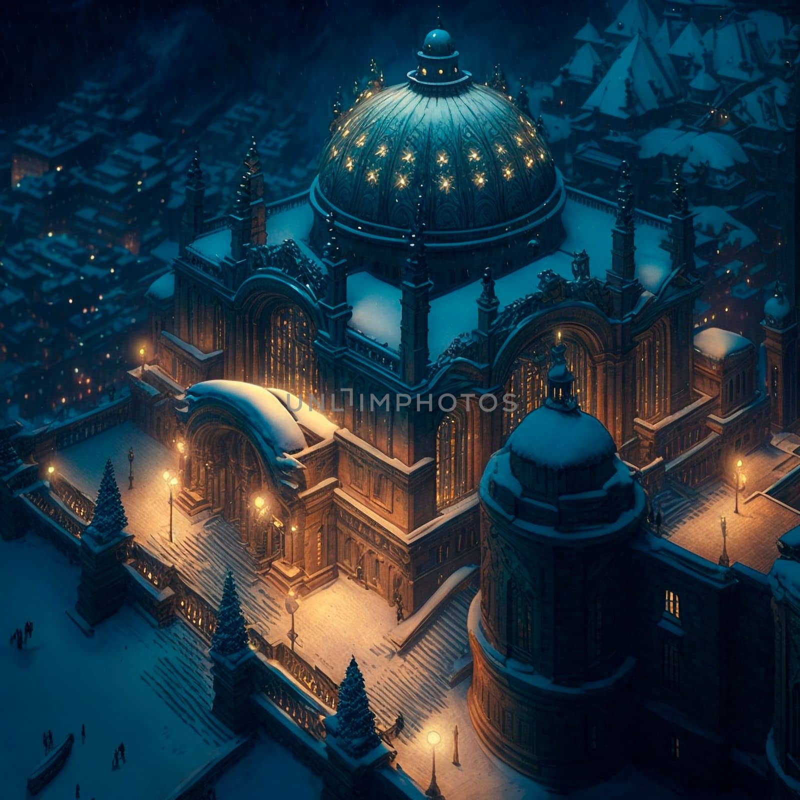 winter castle with domed roof. High quality illustration
