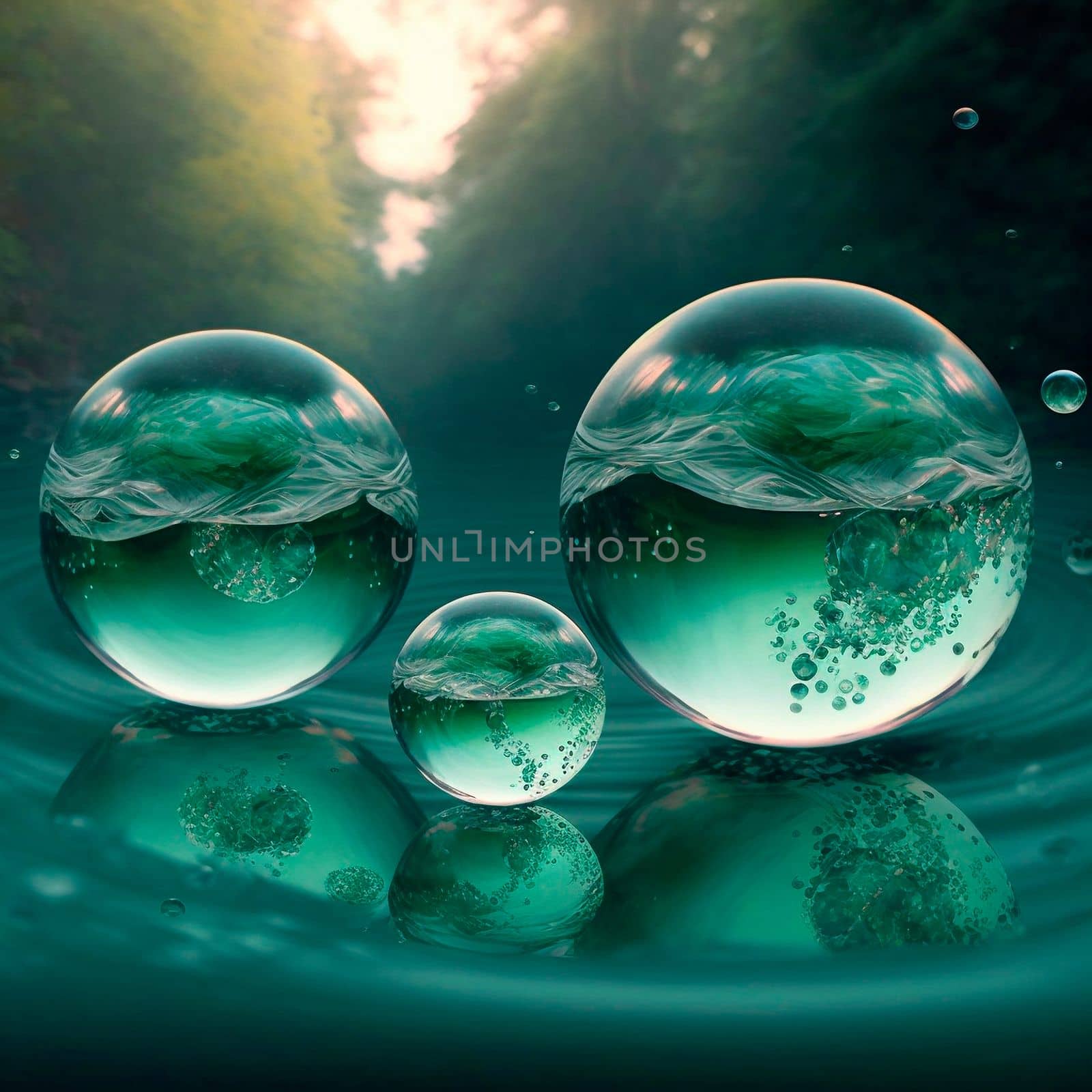Transparent water spheres against a stunning backdrop of mountains and water. Reflection of the landscape and elements inside the spheres. High quality illustration