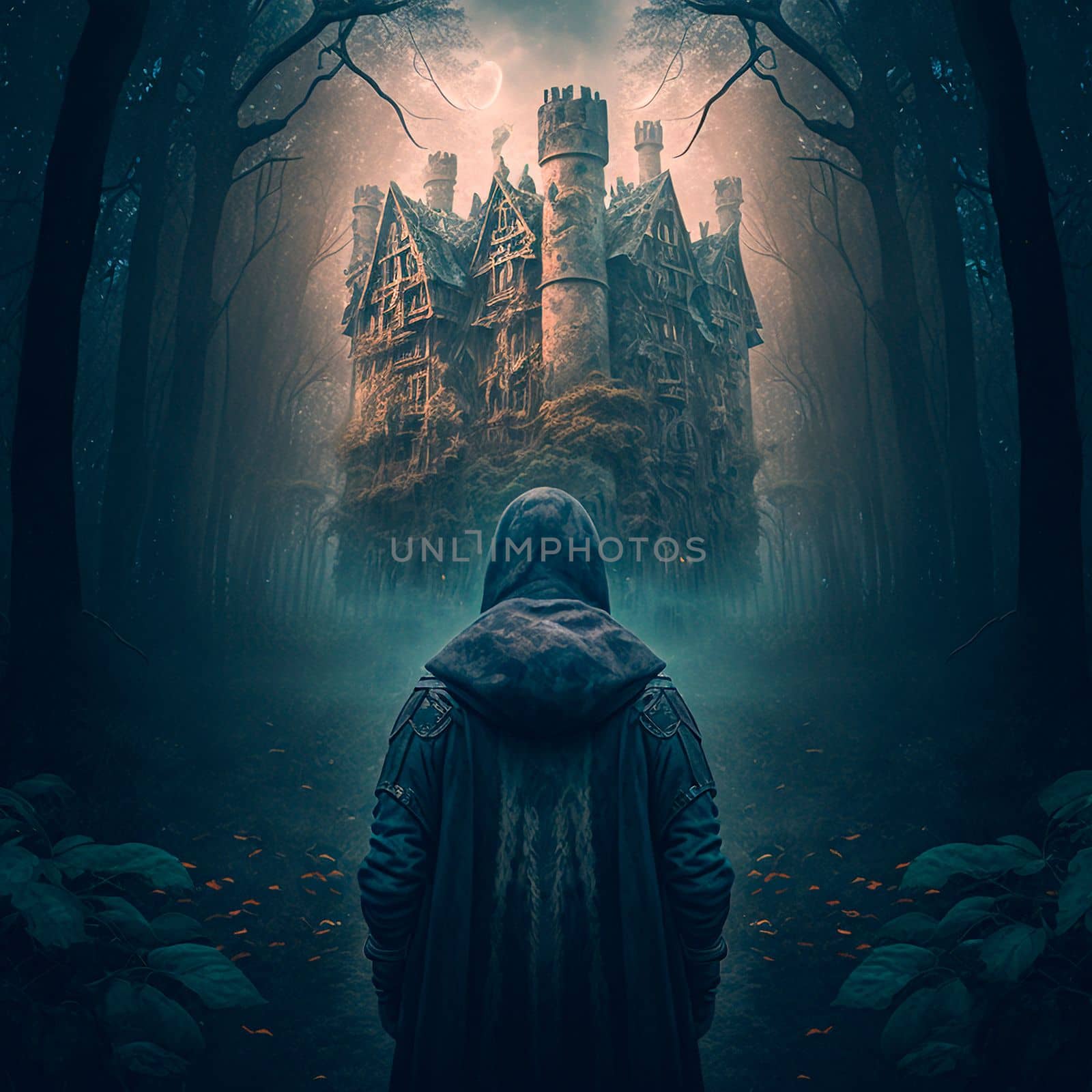A man walks to the ruins of an ancient castle. High quality illustration