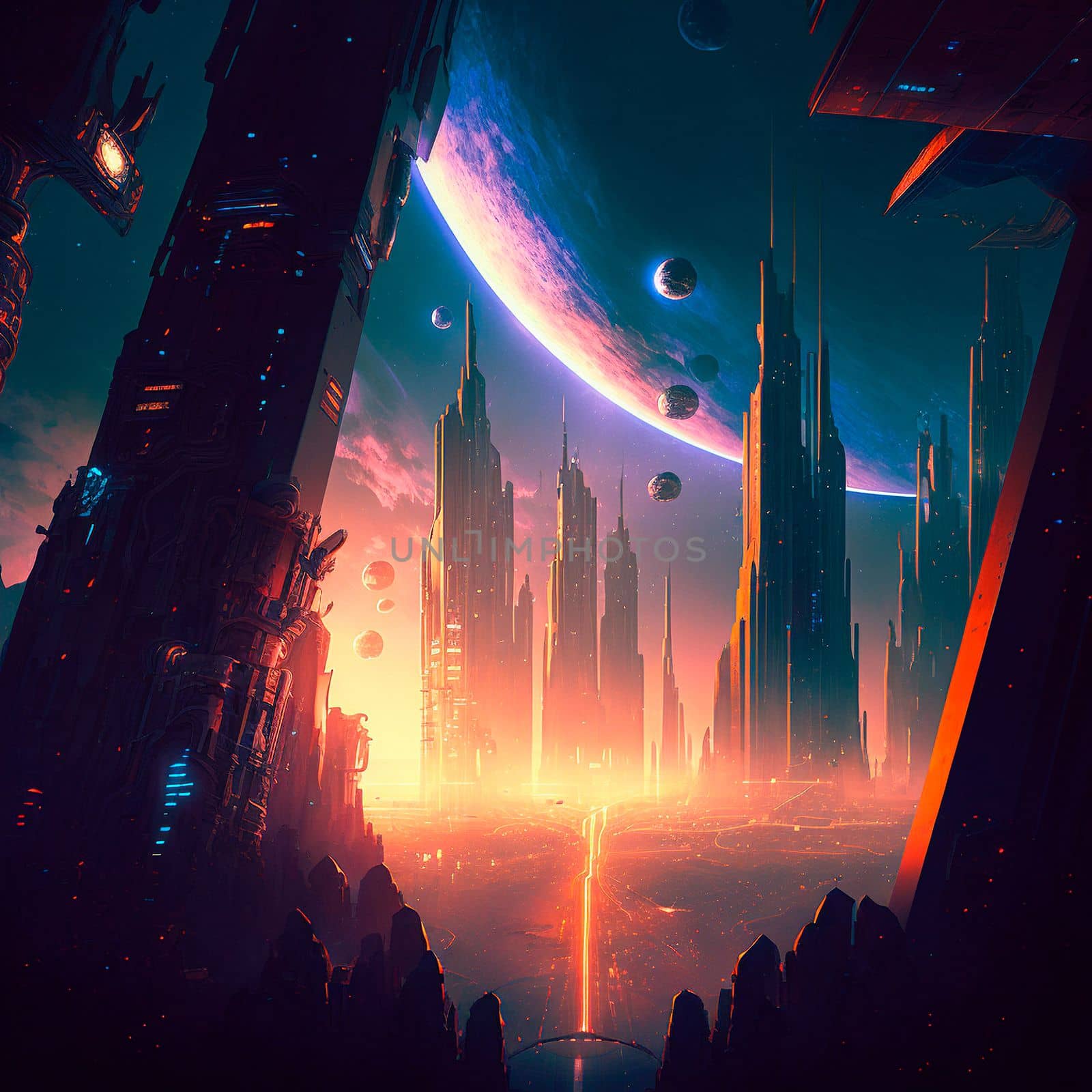 Futuristic city of the future on a distant planet . High quality illustration