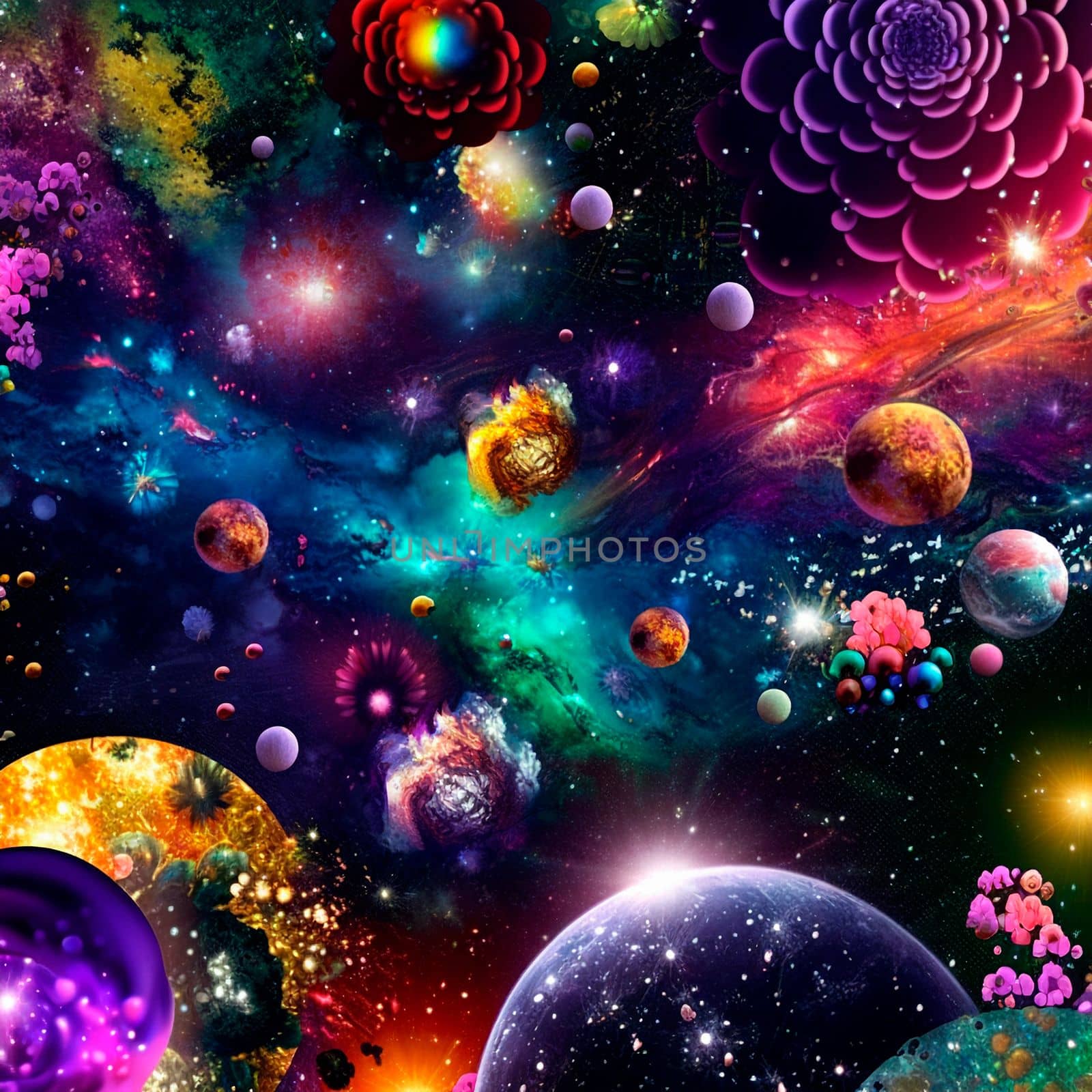 space background with different elements of rainbow colors. High quality illustration