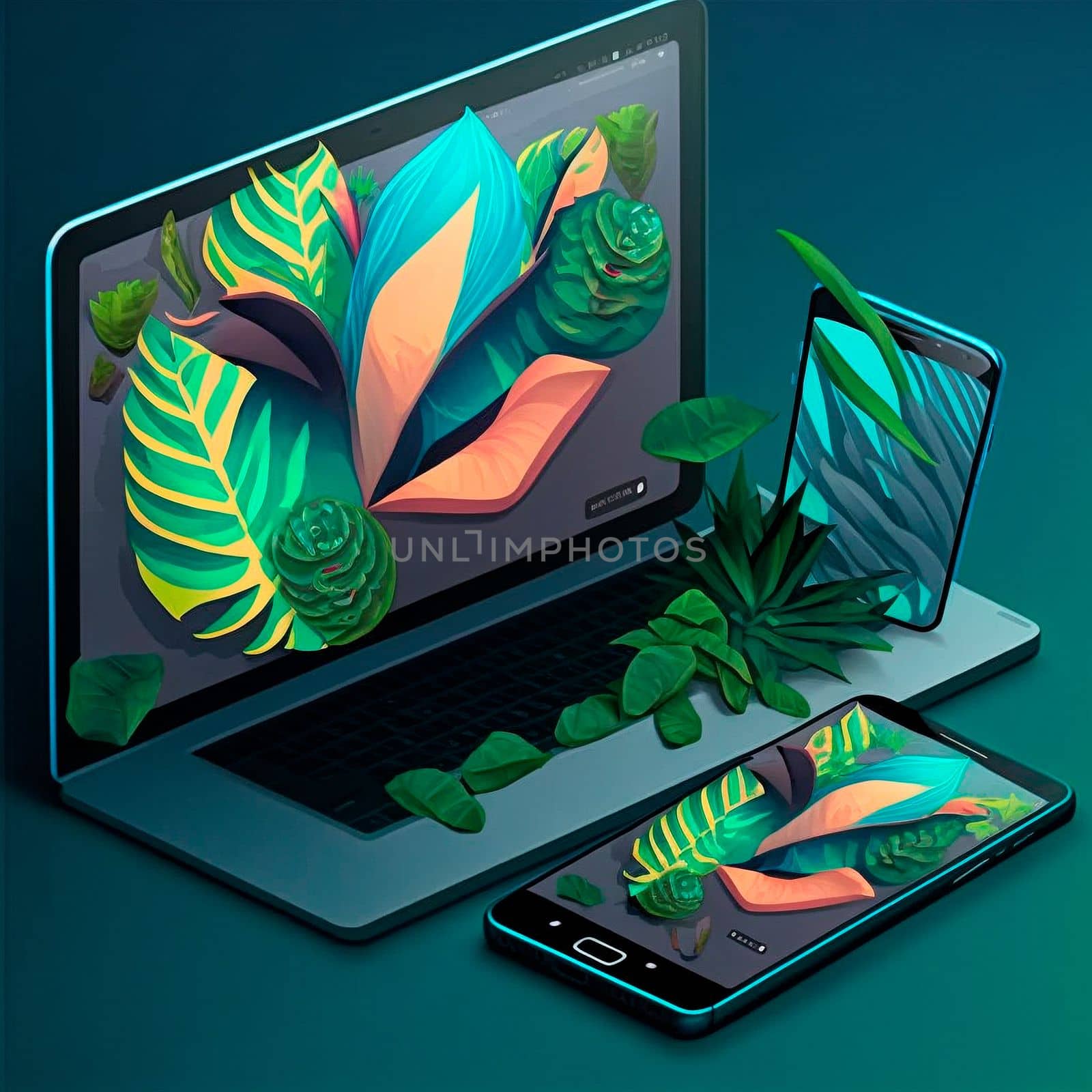 nature breaks out of the phone, tablet, laptop. Design, graphics. Image on tablet and phone side by side, graphics, graphic design. High quality illustration