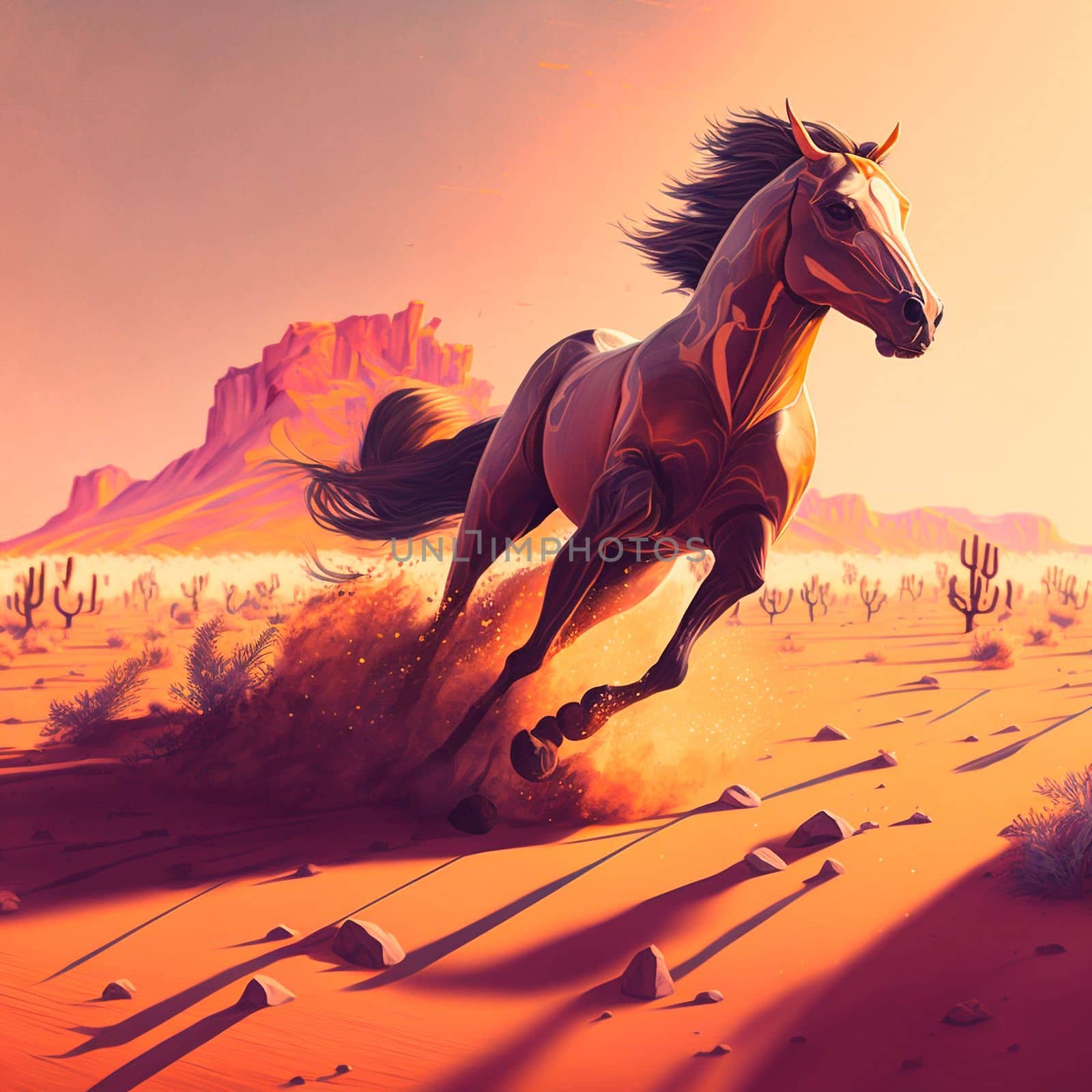 The horse runs through the desert, kicking up the sand. High quality illustration