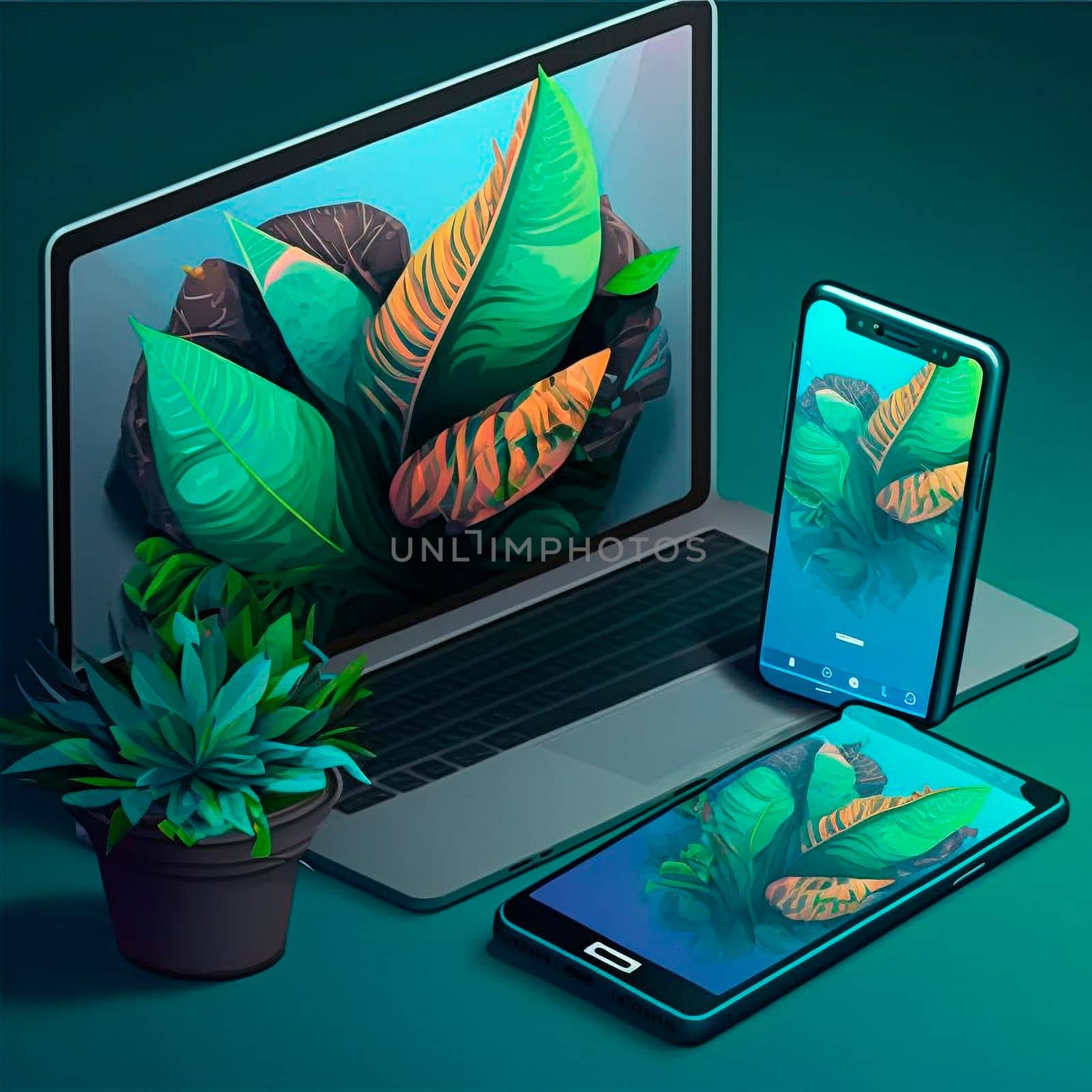 nature breaks out of the phone, tablet, laptop. Design, graphics. Image on tablet and phone side by side, graphics, graphic design. High quality illustration