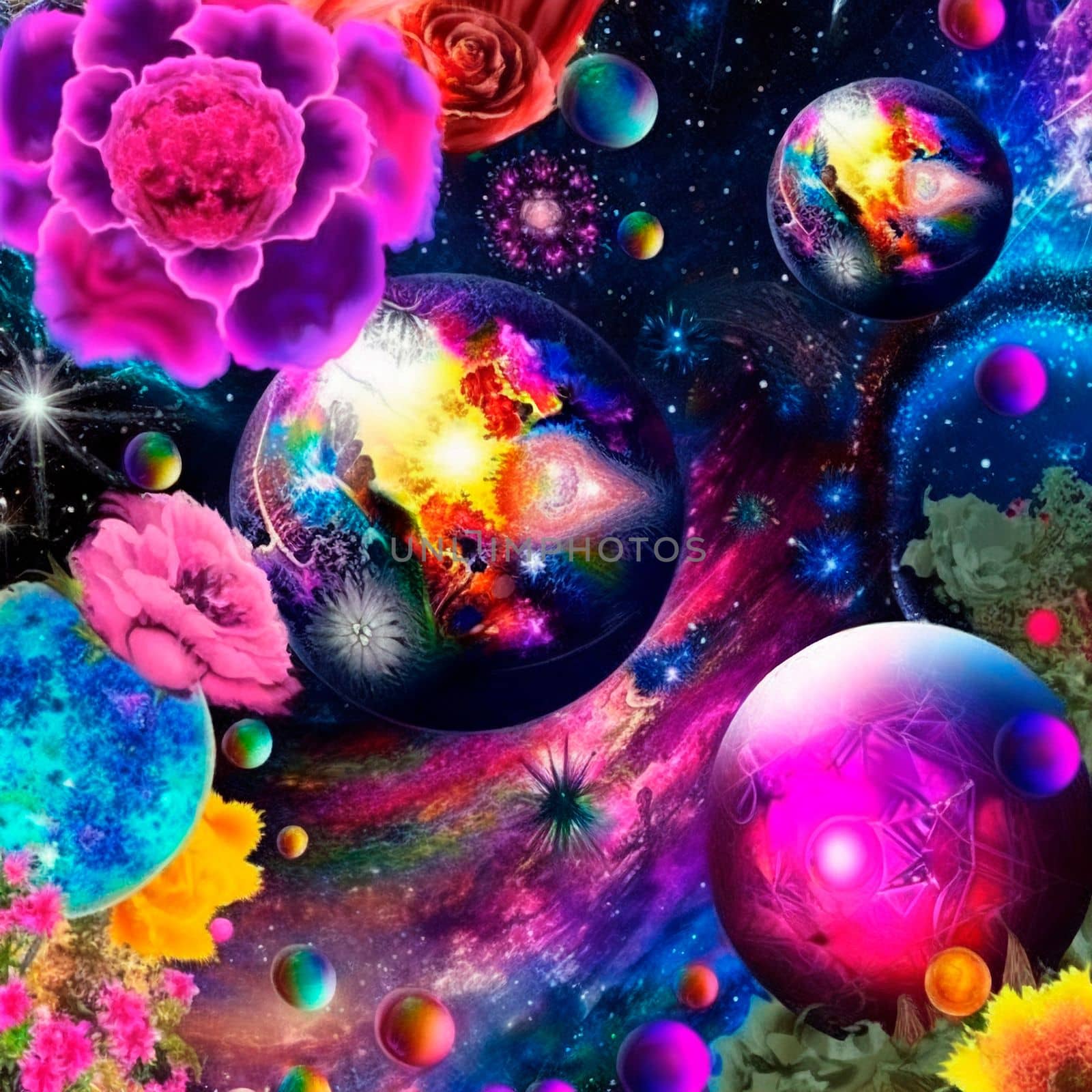 space background with different elements of rainbow colors. High quality illustration