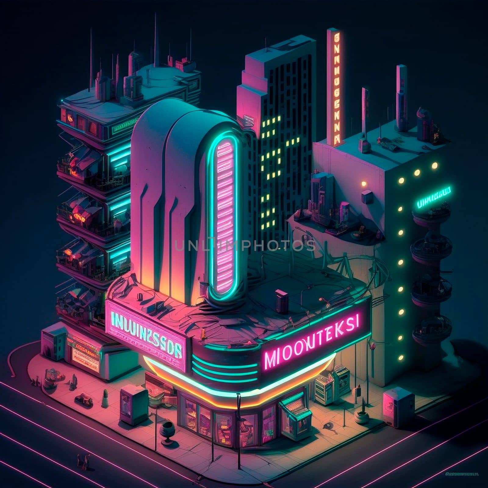 Life in the neon city at night. Bright lights, cars, cafes. Backlight, neon, isometry. High quality illustration