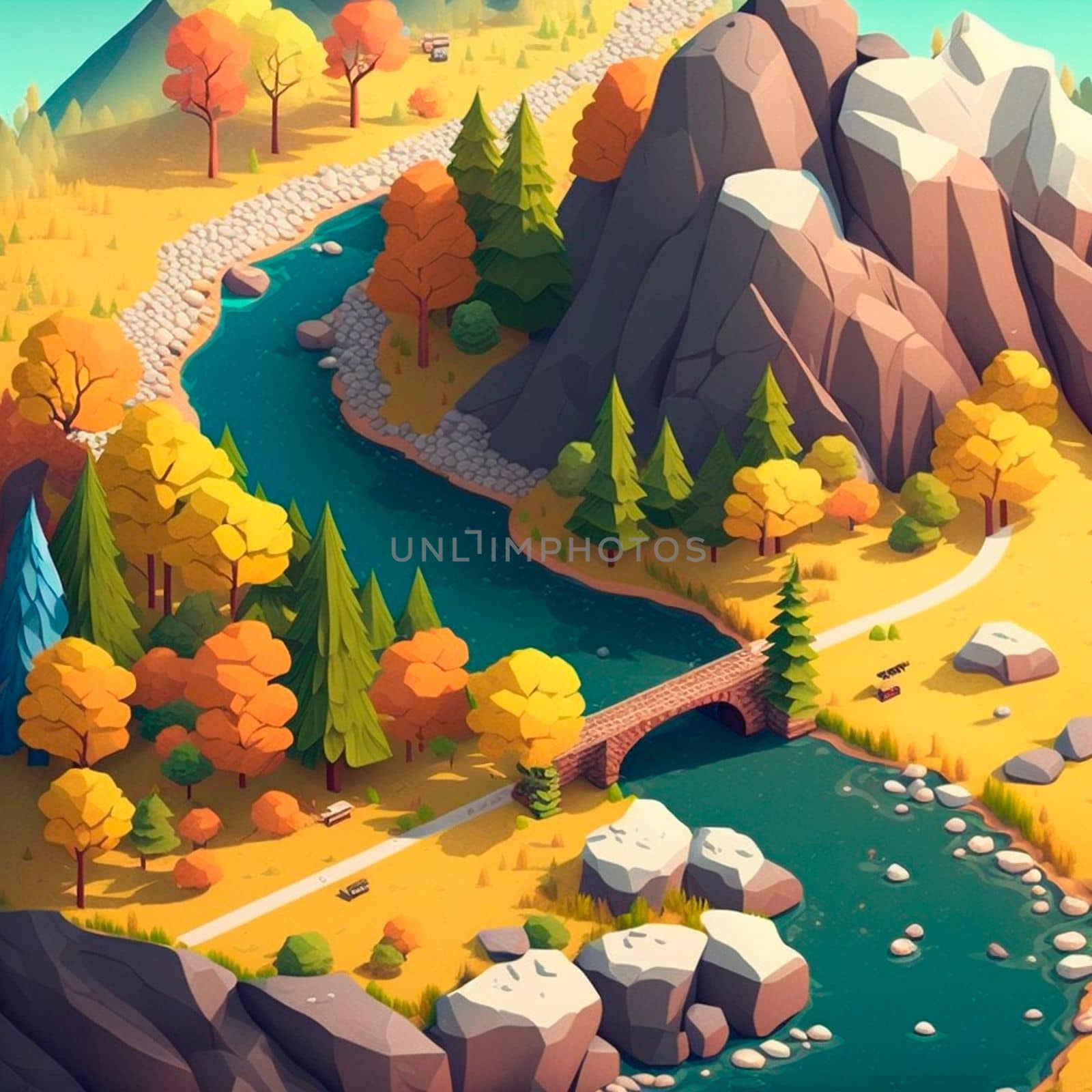 isometric image of the nature of a reservoir and houses in the mountains. High quality illustration