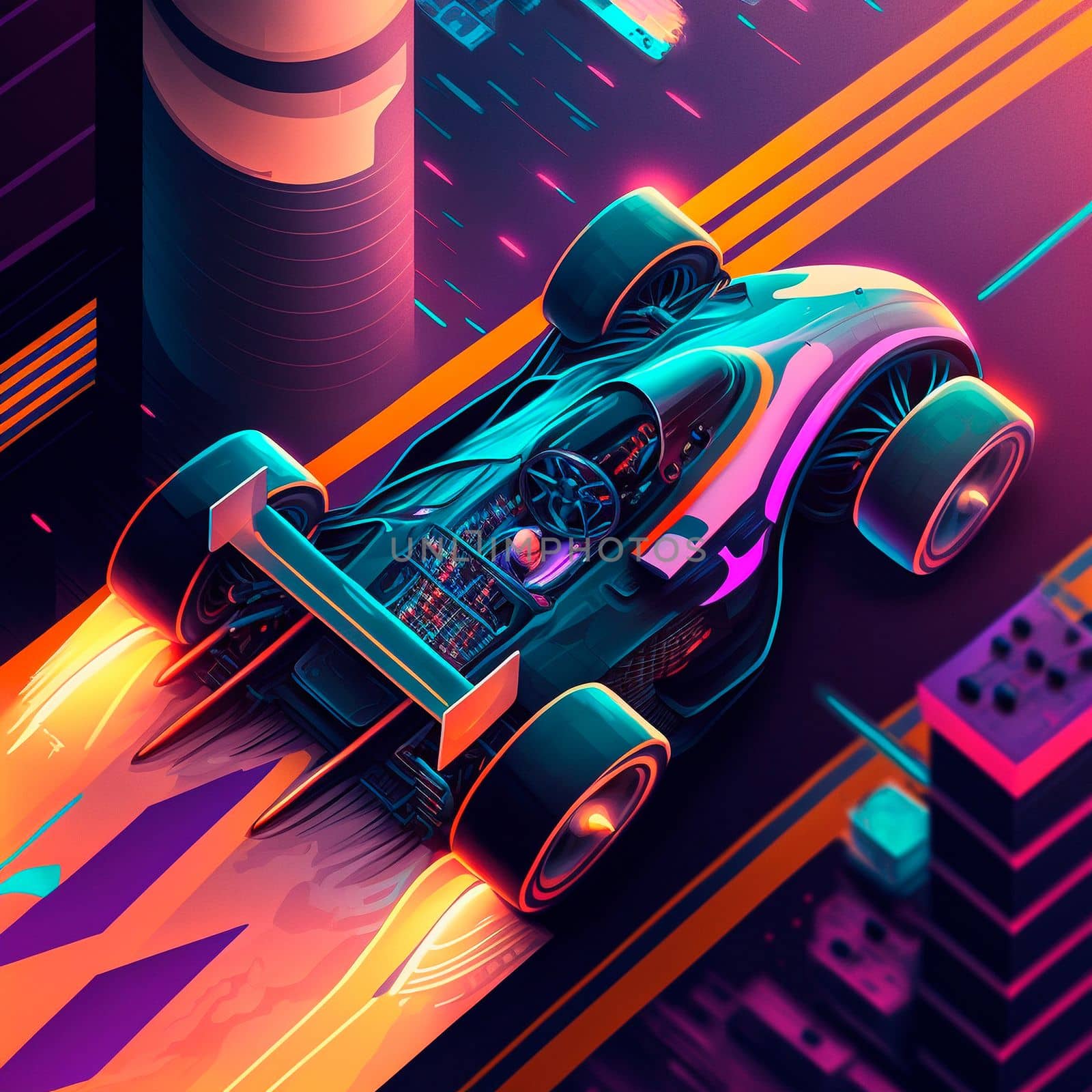 Neon racing car of the future rushes along the roads of the night city. Backlight, neon, isometry. High quality illustration