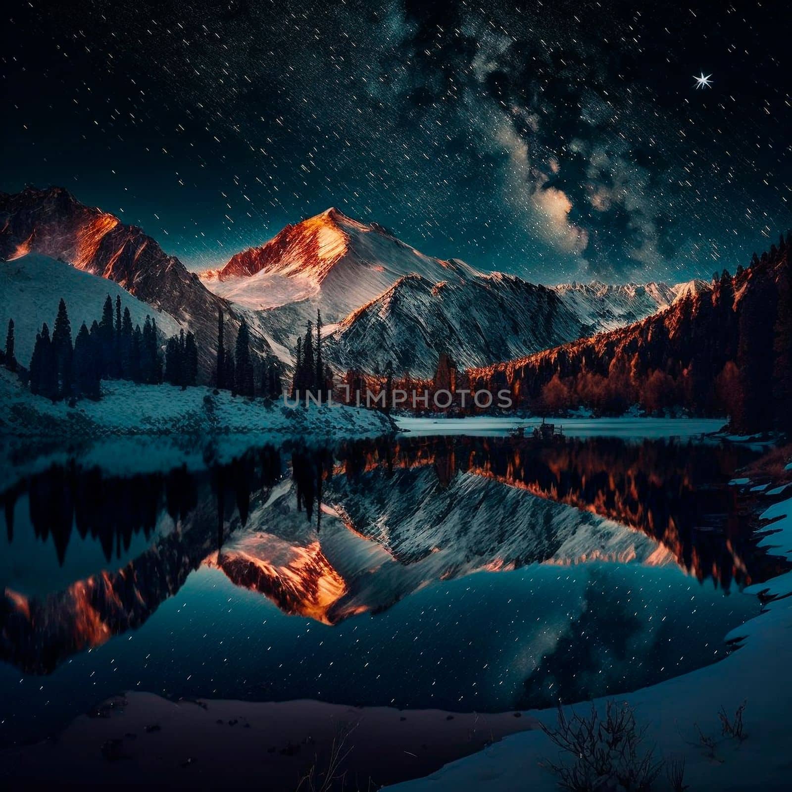 Mountains under the starry sky. High quality illustration