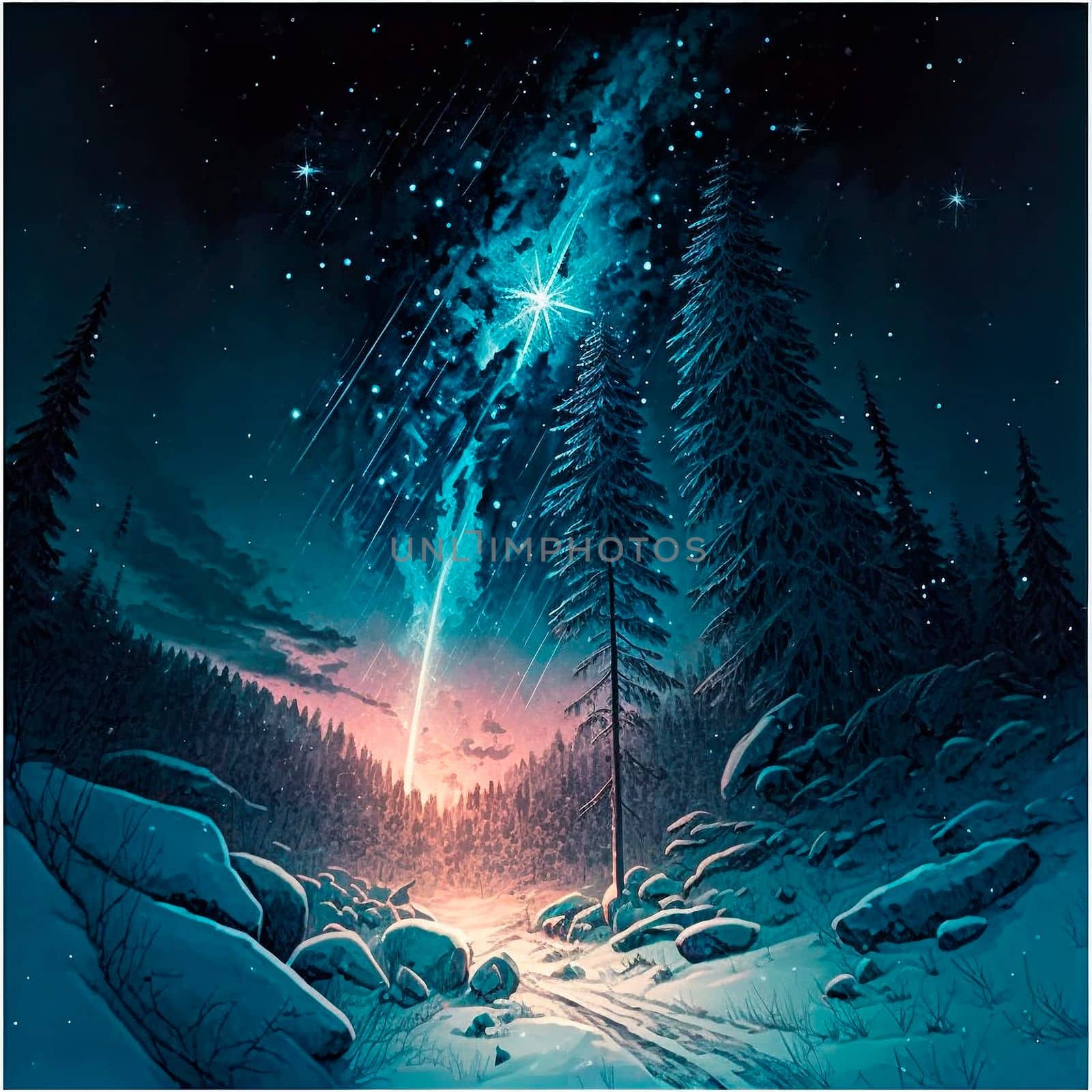 Bright starry sky in the winter forest . High quality illustration