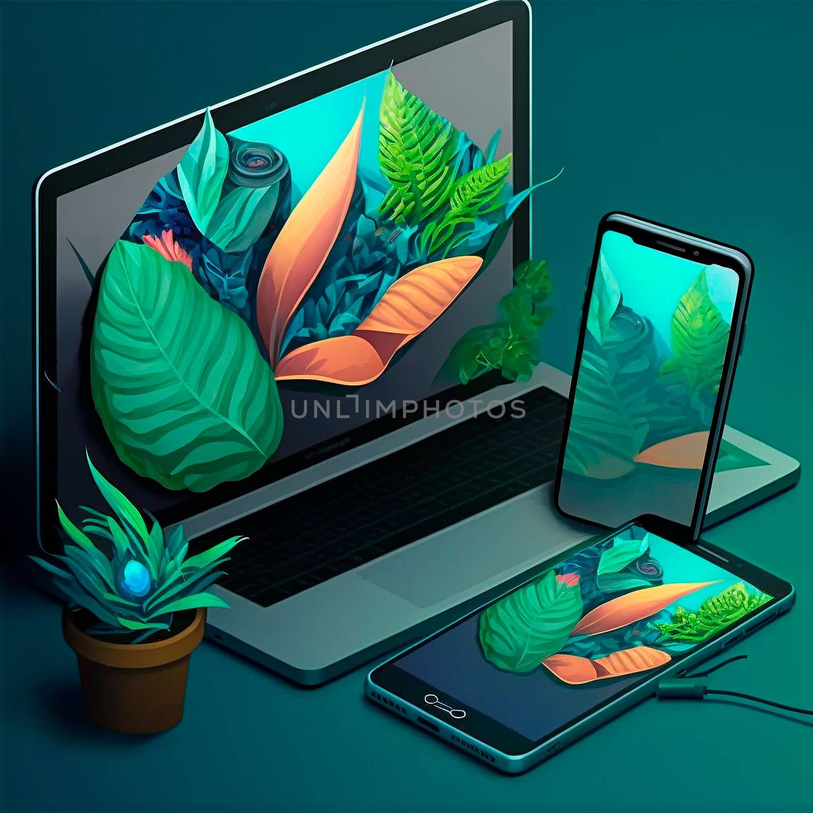 nature breaks out of the phone, tablet, laptop. Design, graphics. Image on tablet and phone side by side, graphics, graphic design. High quality illustration