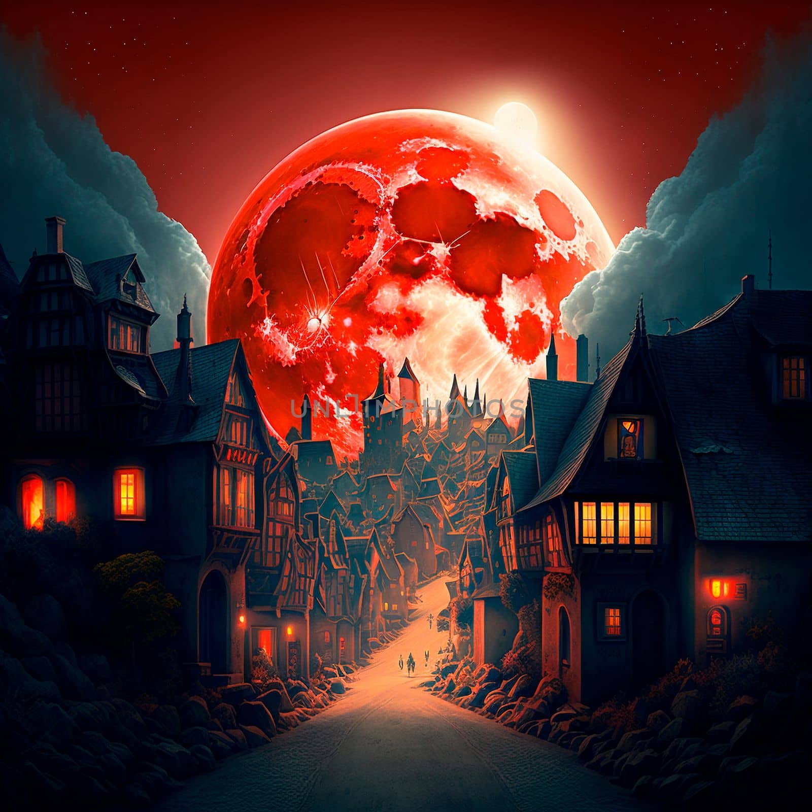 A cartoon image of a fantasy town against the background of a huge red moon. High quality photo