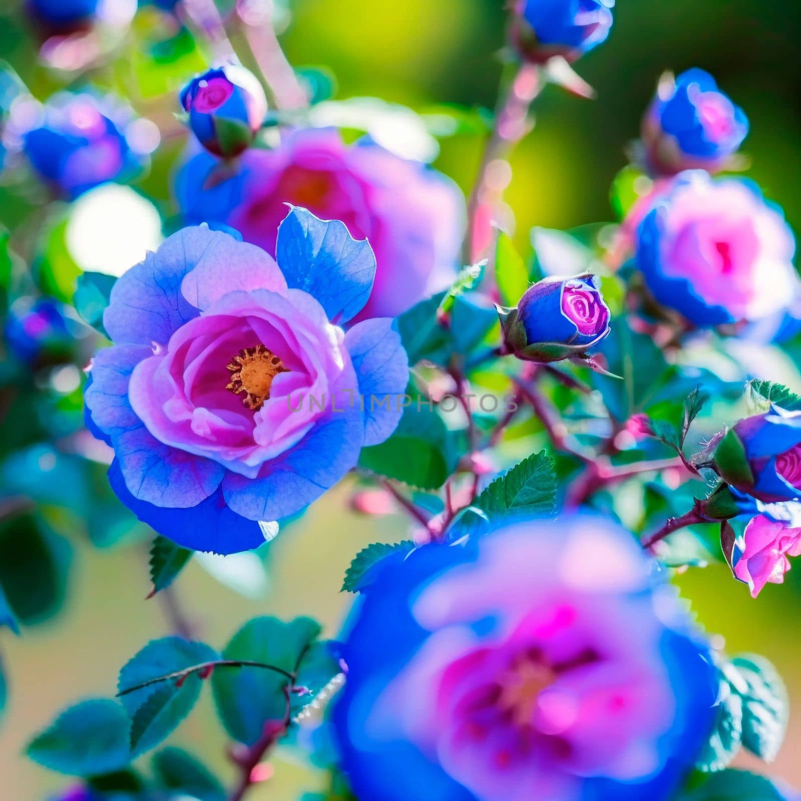 Wild rose with blue buds. High quality illustration