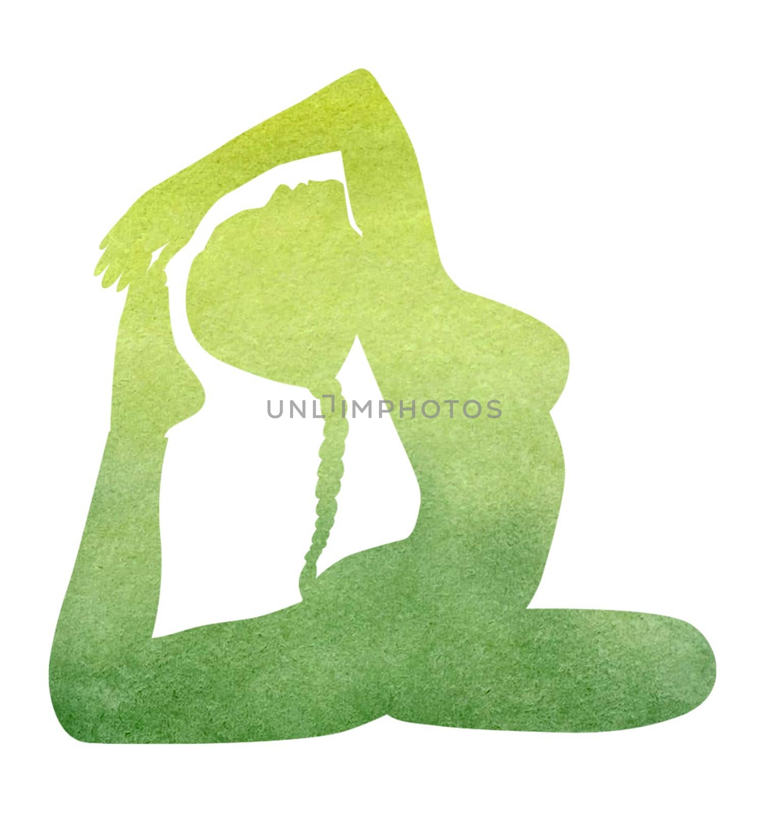 Woman yoga silhouette in King Pigeon pose, texture Green watercolor hand drawing. by Margo
