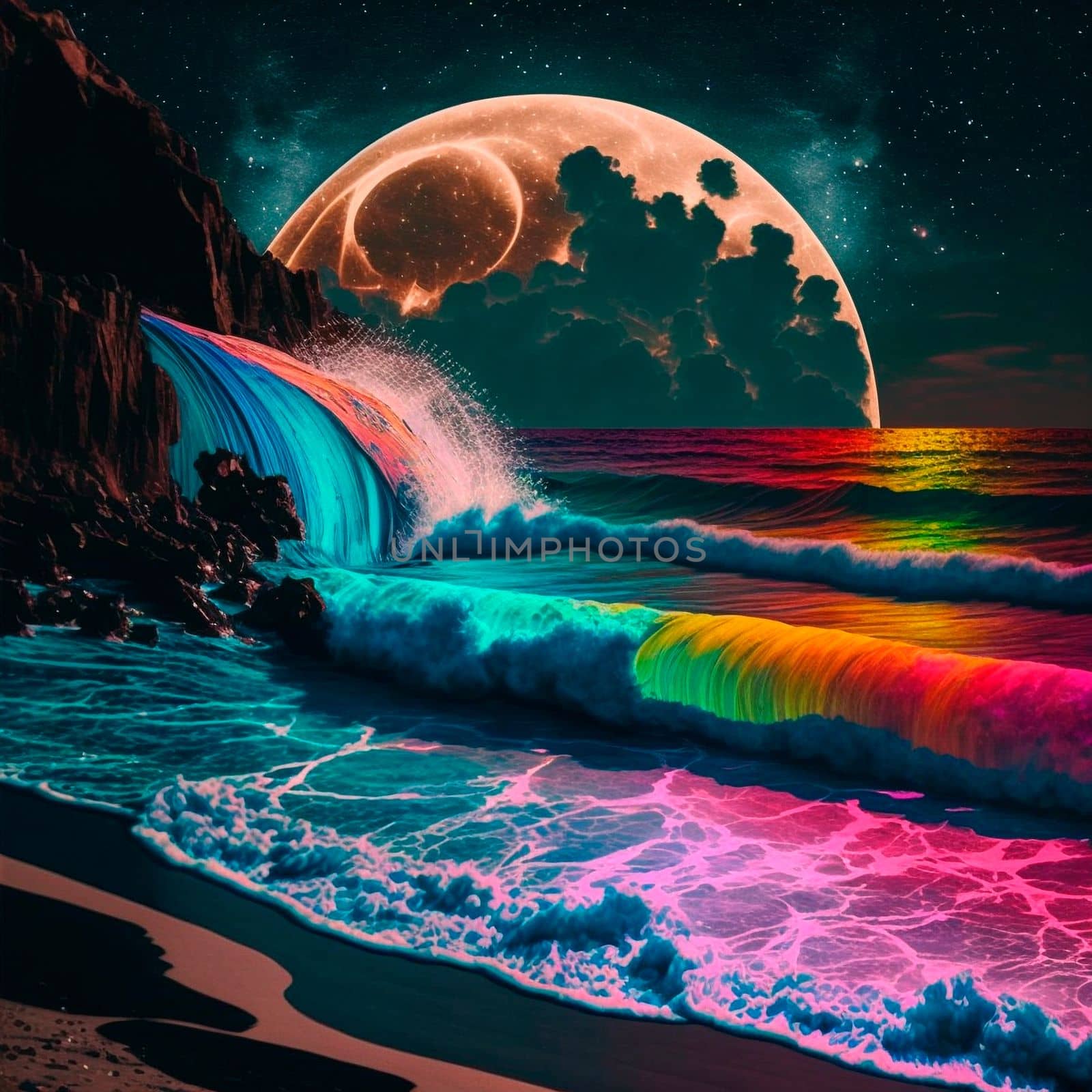 night beach with beautiful iridescent waves of different colors. High quality illustration
